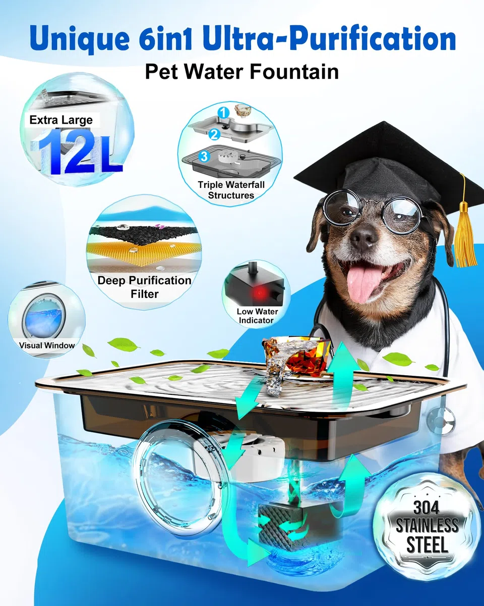 3Gal - Fuente de agua para perros SS304, dispensador grande de ultra purificación para gatos con ventana visual, amplia zona de bebida, filtro de purificación profunda, estructuras de triple cascada,