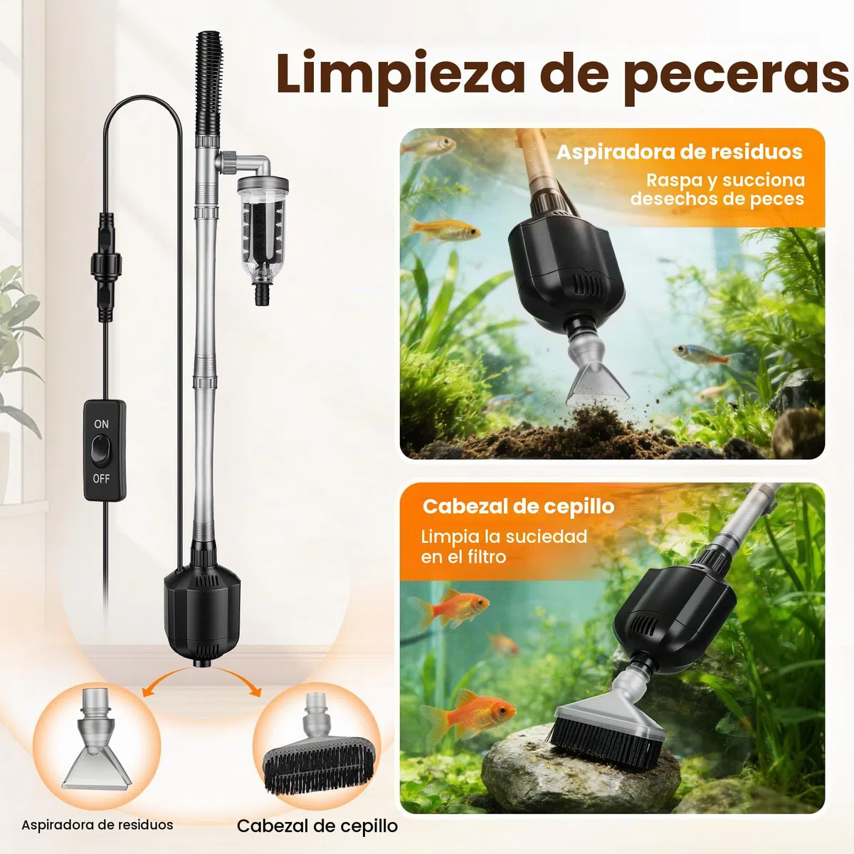 Hygger 1350 LPH Limpiador de Grava para Acuarios, 15W Electrico Sifonador Acuario Kit con Longitud Ajustable, Multifuncional Aspirador para Acuario Sifón para Cambio de Agua y Lavado de Arena