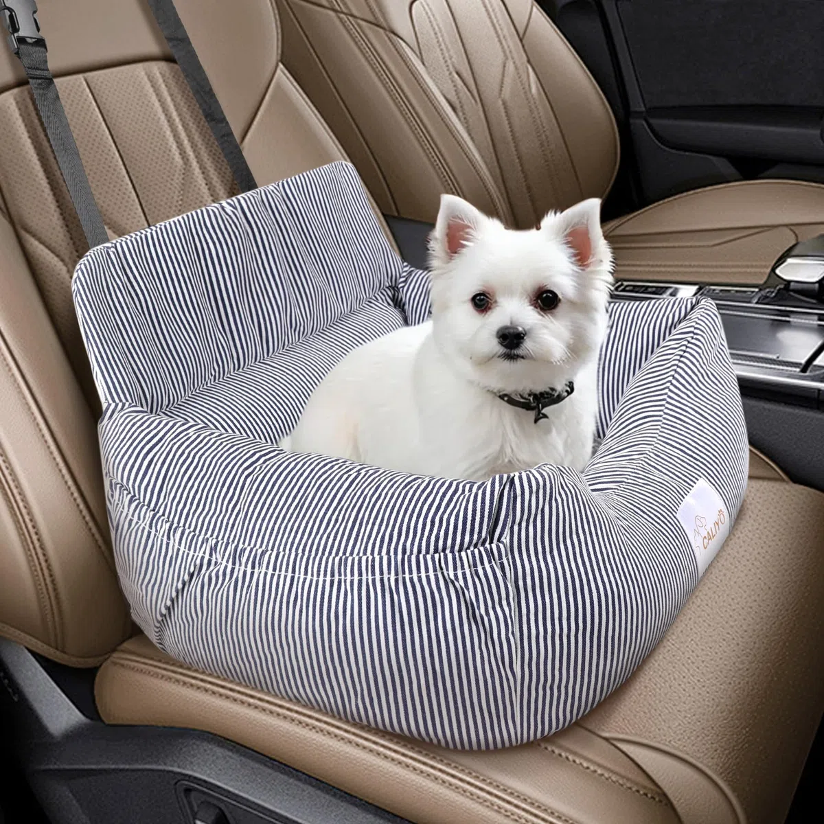 CALIYO Asiento de Coche para Perros, cinturón de Seguridad – Asiento de Coche Lavable en Azul/Blanco para Perros pequeños, medianos y Grandes, Asiento Trasero de Coche, Cama para Perros, Cesta para