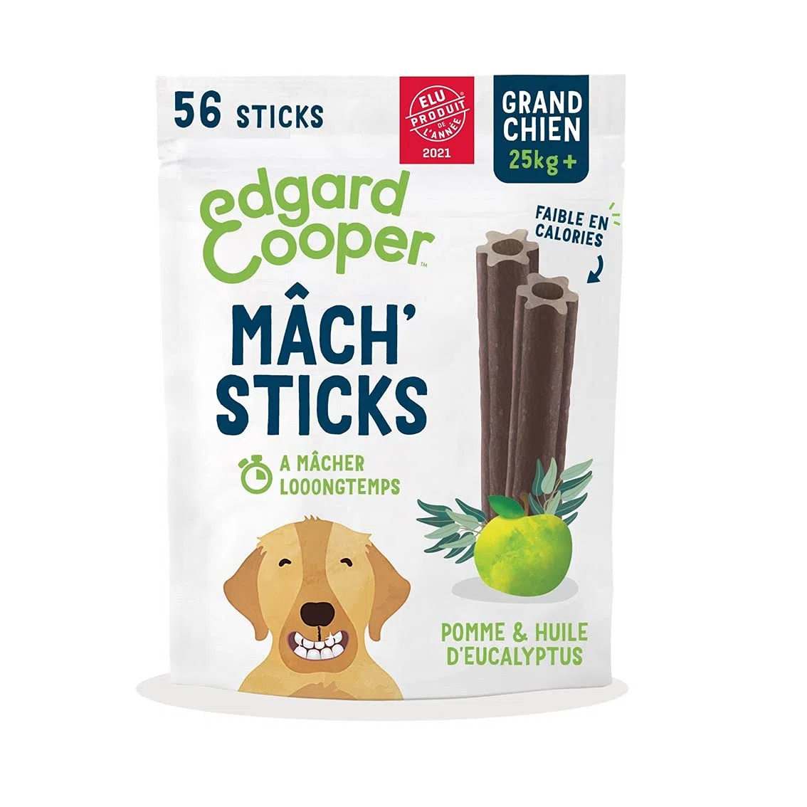 Edgard Cooper Dulces para Perros (Eucalipto & Manzana, 7 Palos x 8), Grande, Uno por día, Baja en Caloría, Masticación Larga Eficiente, Aliento Fresco