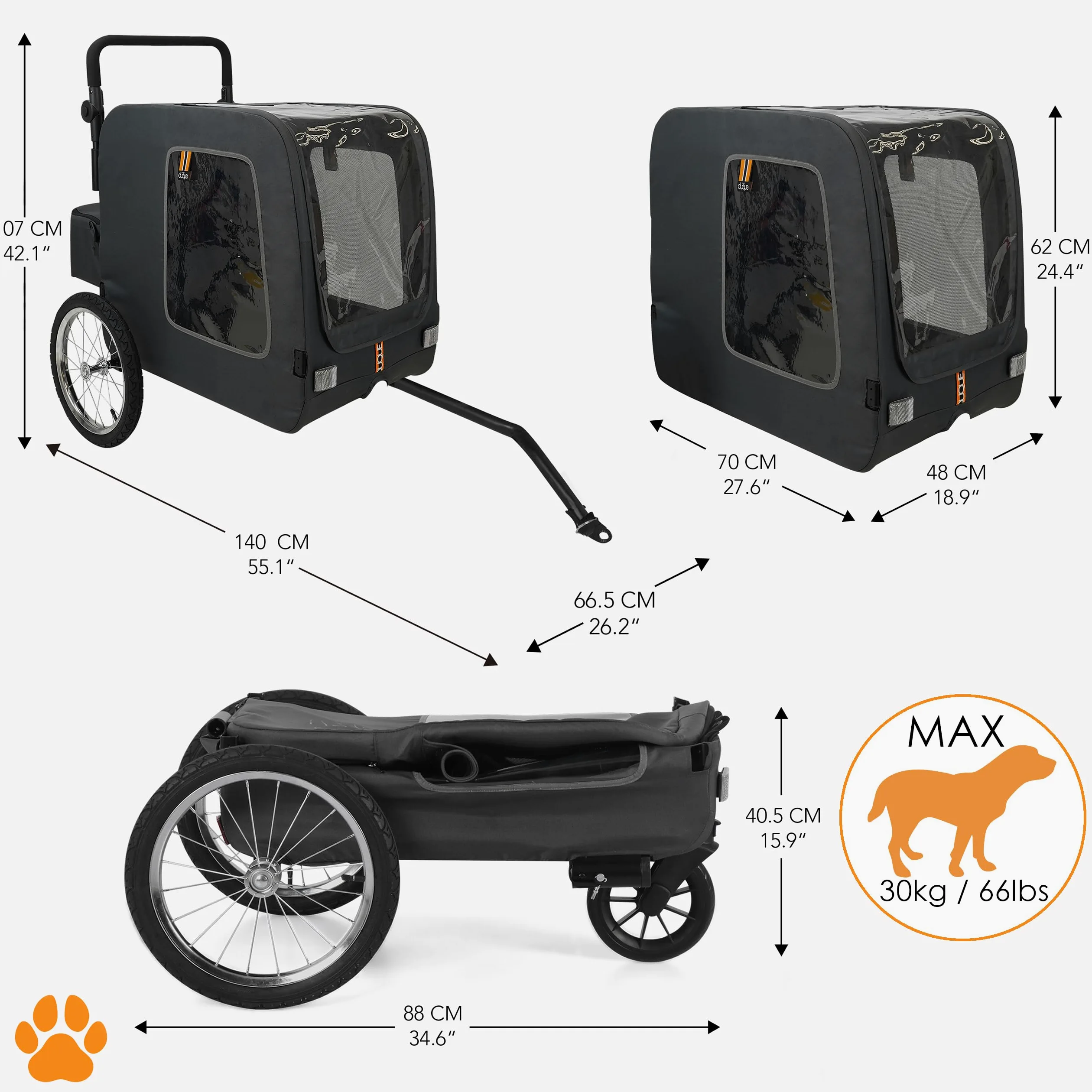 Chase - Bicicleta 3 en 1 para Perros, Remolque de Transporte para Bicicletas, Cochecito para Mascotas y Compras, con Cubierta Impermeable incluida, Color Negro