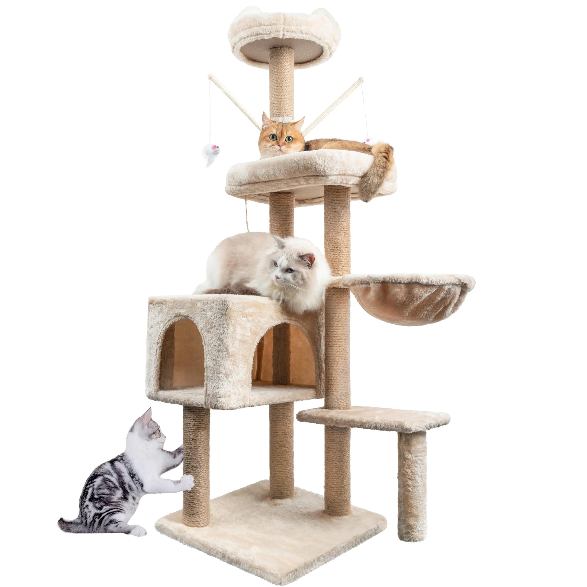 HOMIDEC Árbol Rascador para Gatos, 145cm, Torre de Escalada Estable con Varios Niveles, Actividades para Gatos con 7 Postes de sisal, 5 Plataformas, 2 nidos
