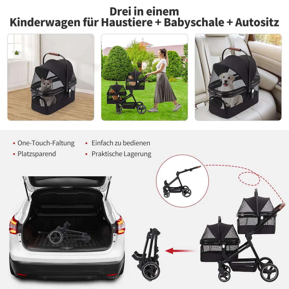 Carrito doble para mascotas 2 en 1, 3 en 1, con bolsa de transporte y asiento de coche, cochecito plegable para mascotas con capacidad de 50 LBS y amortiguador de golpes para perros y gatos