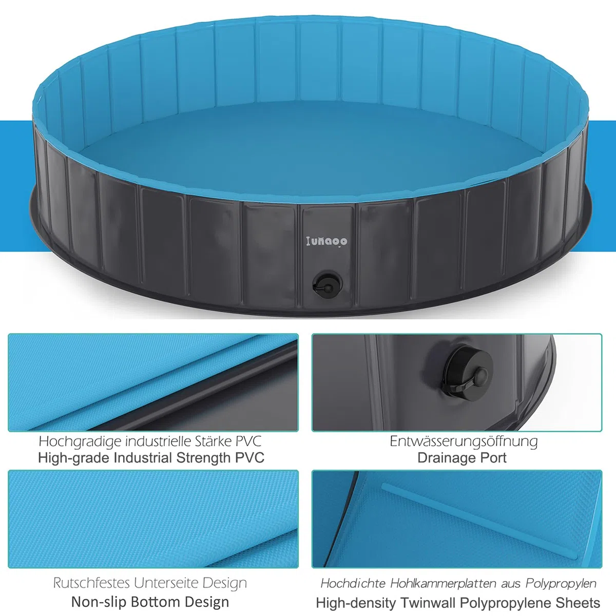 Piscina para Perros, Bañera Plegable para Mascotas, Antideslizante y Resistente al Desgaste Bañera para Niños Natación Piscina para Mascotas Perros Grandes y Pequeños, Azul Claro, 160 x 30 cm