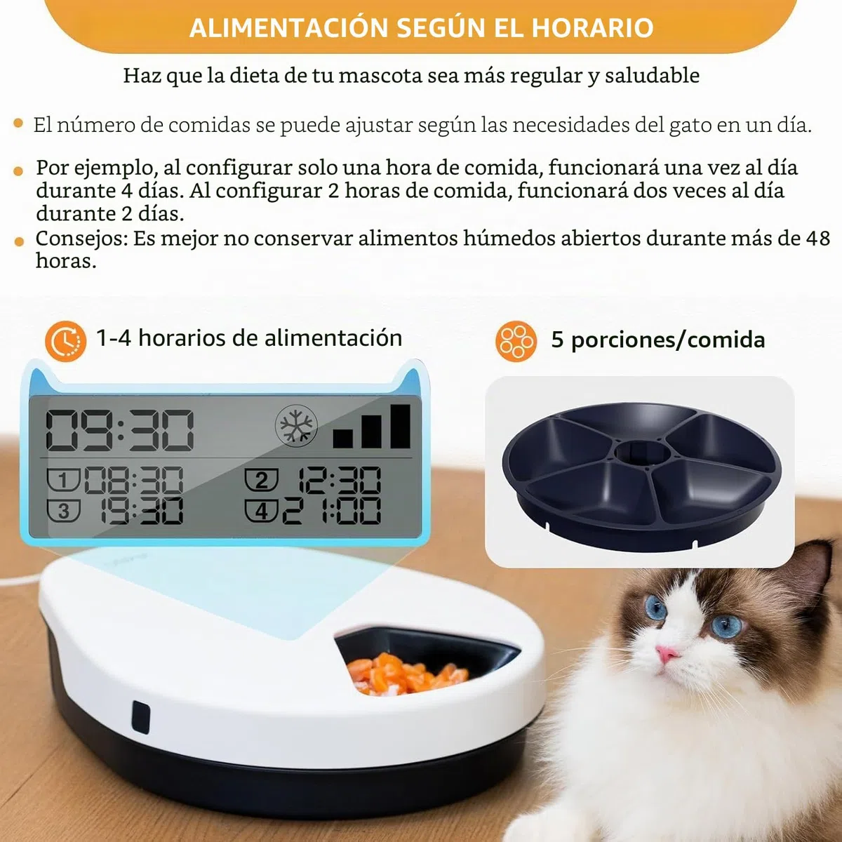 Alimentador automático de Comida húmeda para Gatos con refrigeración, refrigeración semiconductora, con Temporizador, 5 Compartimentos para Alimentos para Mascotas de 330 g Cada uno, Platos de Comida