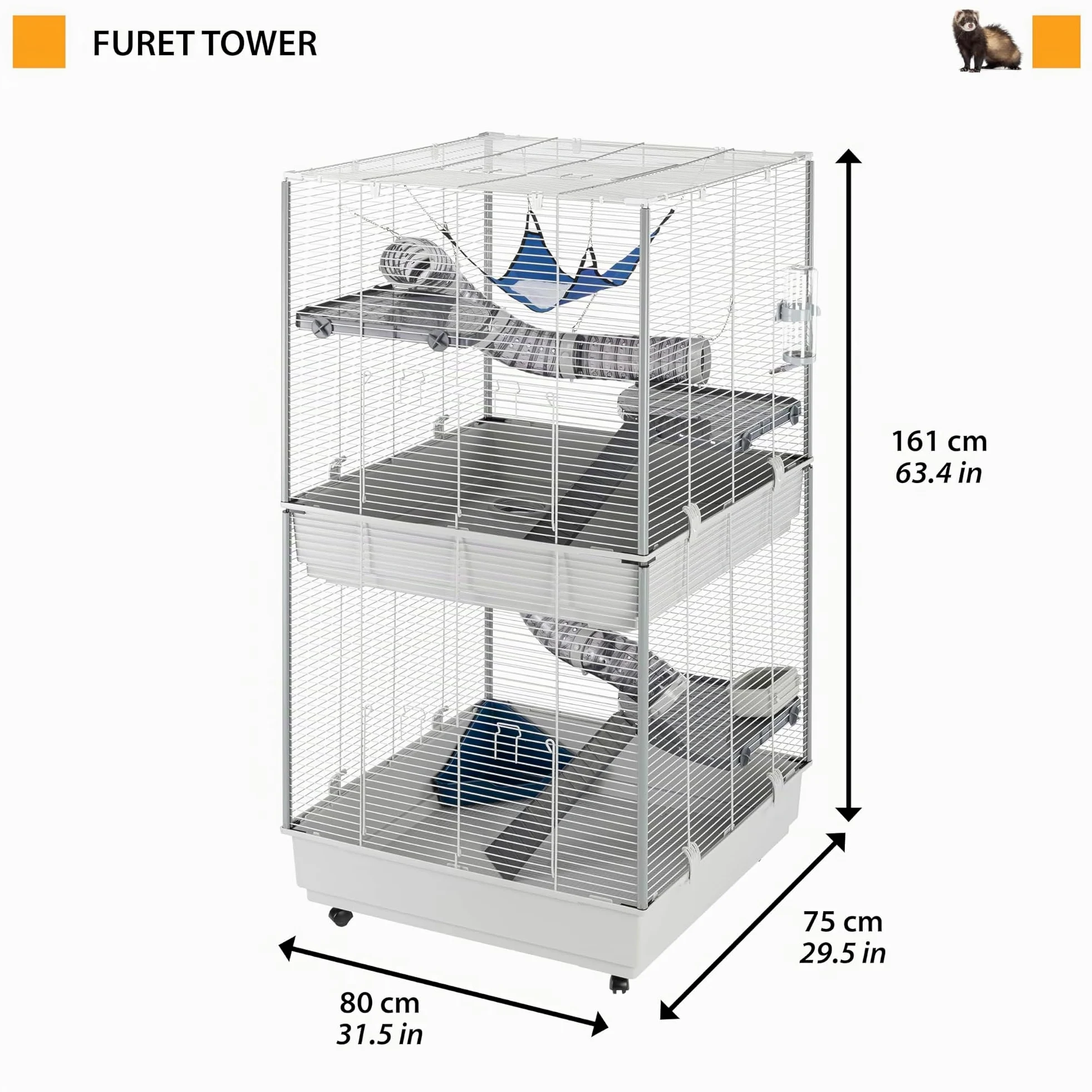 Ferplast Jaula para Hurones FURET Tower, Estructura Vertical en Varios Pisos, Ruedas y Accesorios incluidos, Alambre Pintado Gris y plástico, 75 x 80 x h 161 cm