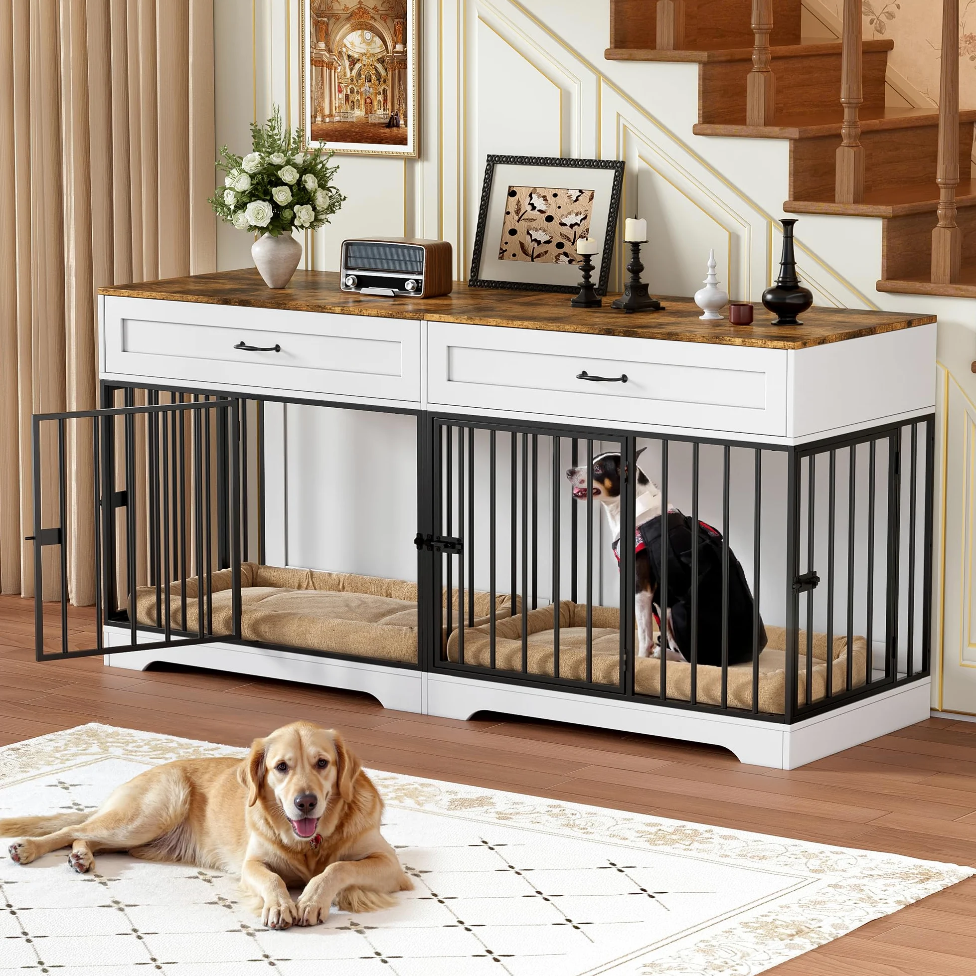 Jaula para Perros Grandes Interior Estilo Mueble Casa para Perros con 2 Cajones Caja para Perros Grande para Casa de Madera Jaula Mueble de Madera para Perro XXL, hasta 100KG, 178x58x85CM