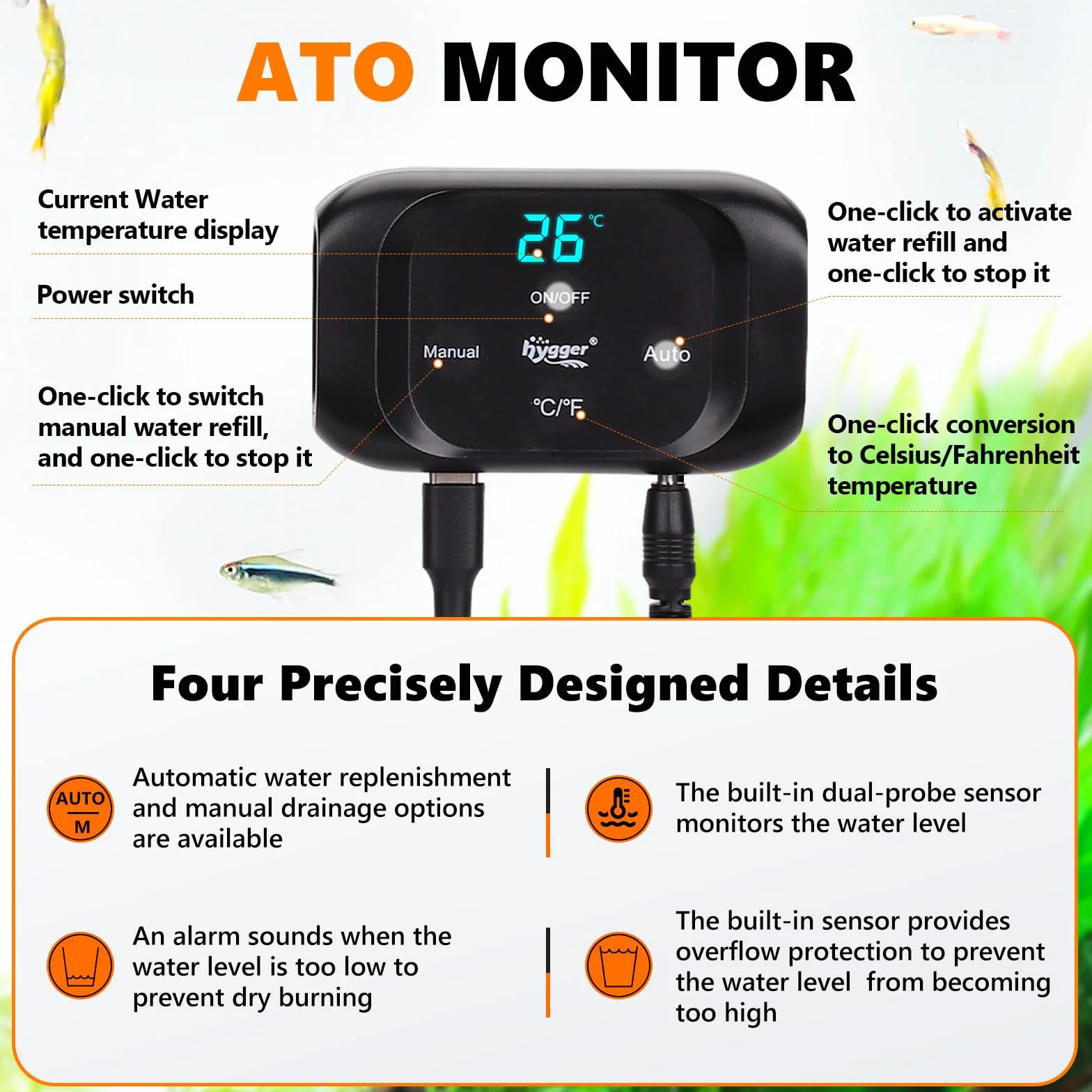 Hygger Sistema ATO Automático para Acuario, Sistema de Reabastecimiento de Agua para Peceras con Sumergible Bomba, Kit Controlador Sistema de Recarga Automática de Nivel de Agua para Acuario