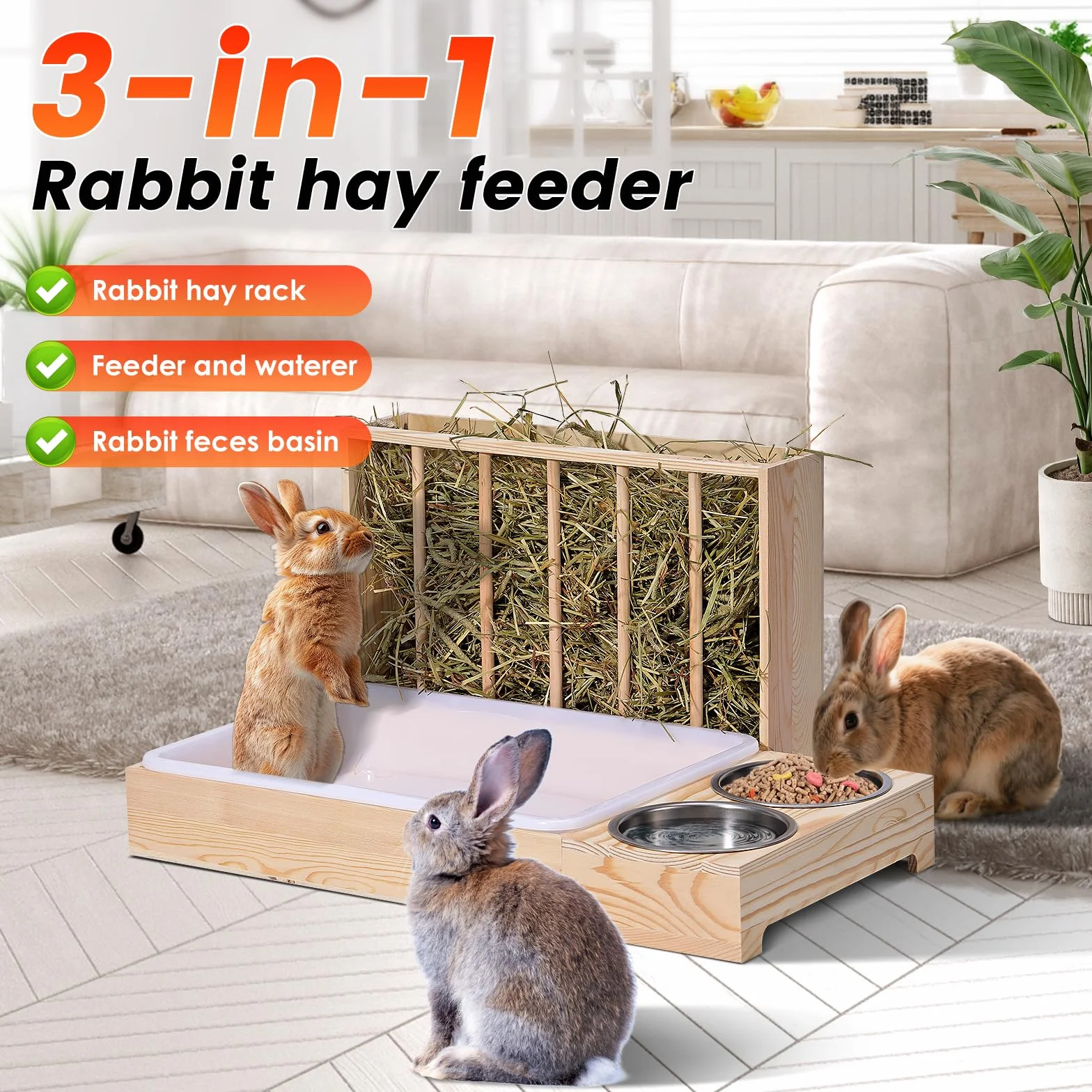 Comedero de heno 3 en 1 para conejos, comedero de madera con dos cuencos, comedero para conejos, cobayas, chinchillas y otros animales pequeños