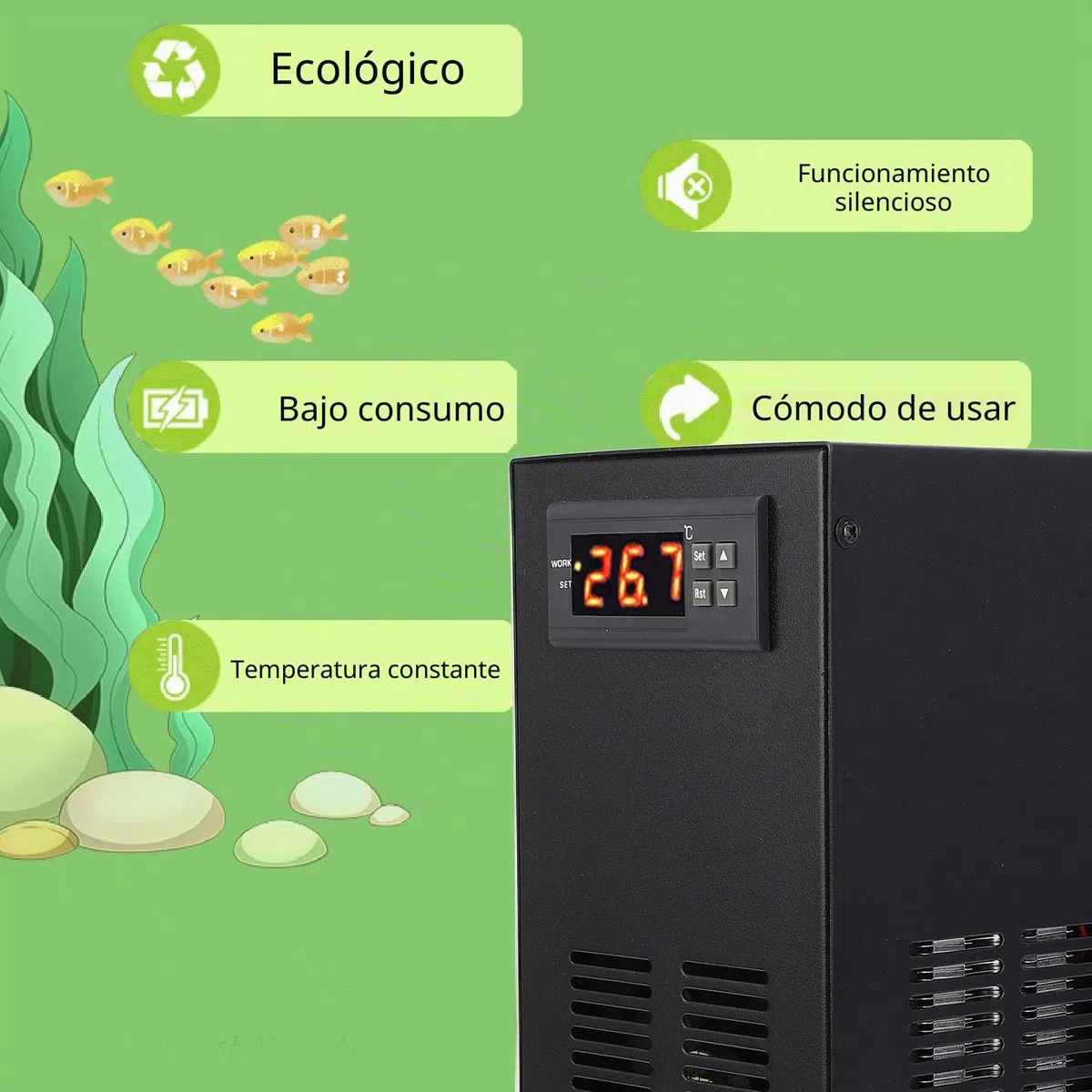 FTVOGUE Enfriador de Acuario, Pantalla Digital, Temperatura Ajustable, Enfriador de Tanque de Peces con Estructura Estable para Tanque de Plantas Marinas de Agua Dulce de 20L (Enchufe de la UE)
