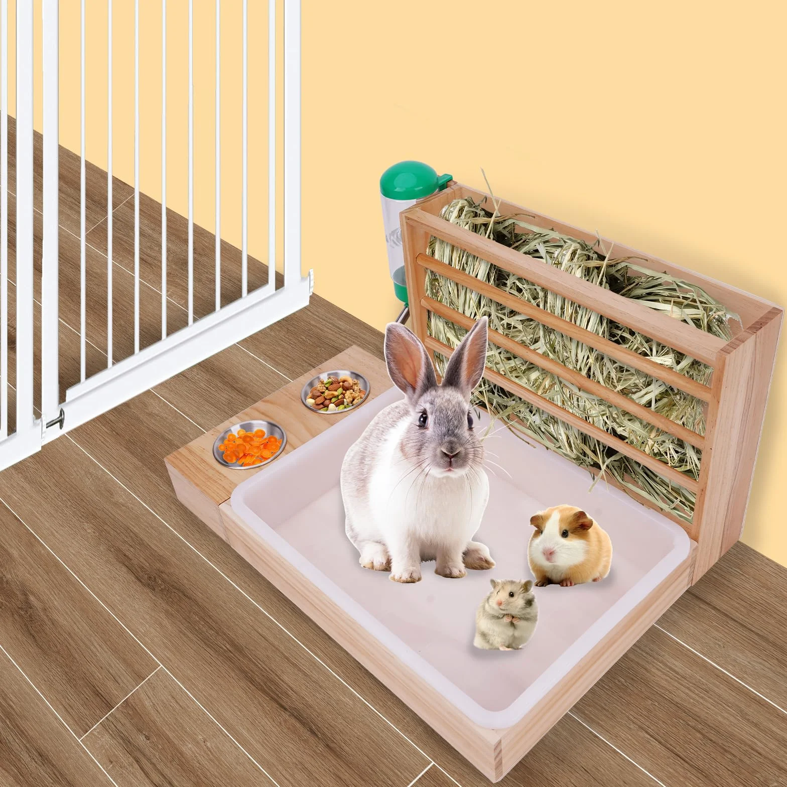 4 en 1 Comedero de Heno de Conejo Alimentador de Heno para Conejos con Bandeja de Arena Botella de Agua Cuencos de Comida de Hámster Comedero de Conejo Soporte de Heno para Mascotas Pequeñas