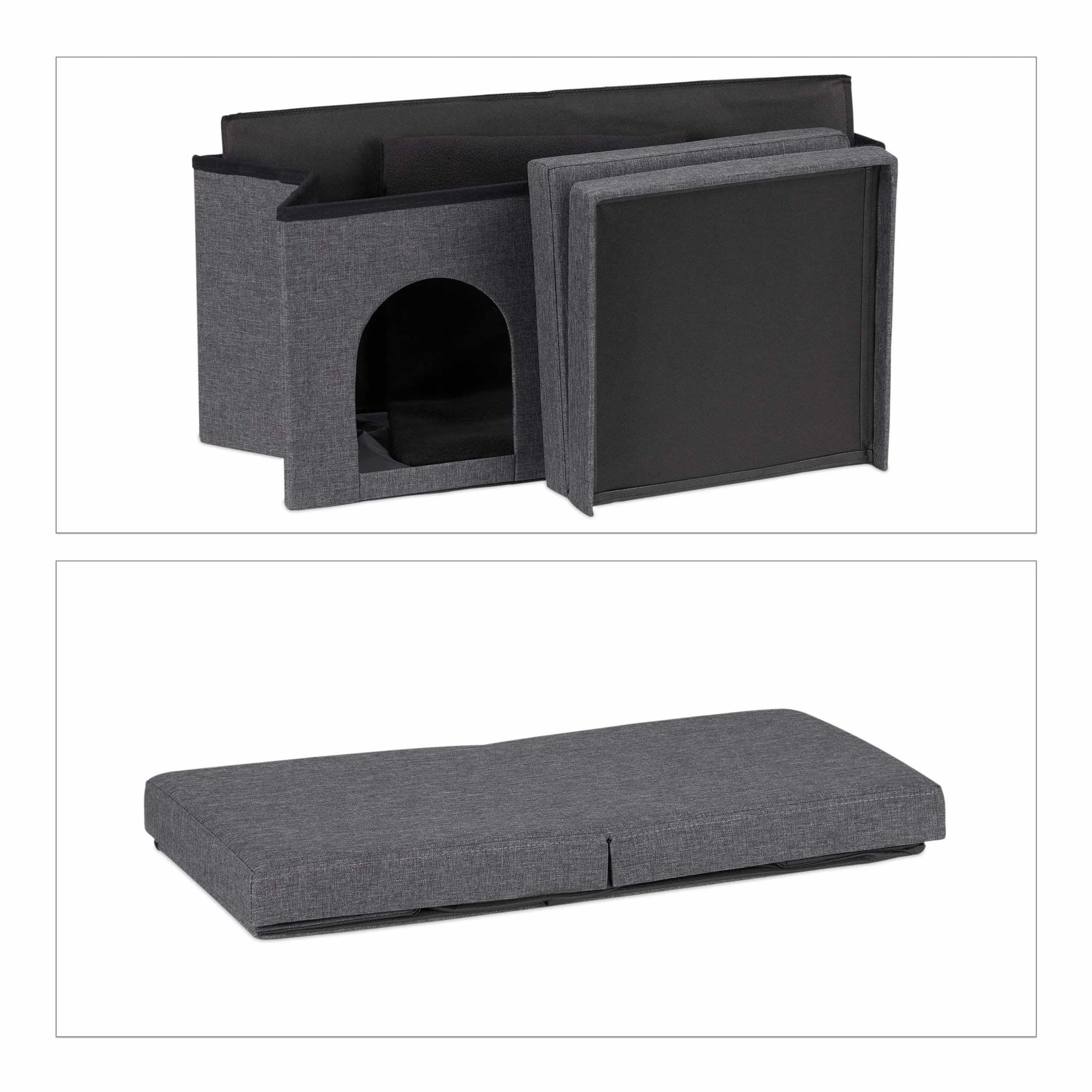 Relaxdays Casa Gato con Banco, Cueva Gatito Plegable, Accesorios Gatunos Interior, Escondite, 38,5 x 74,5 x 37 cm, Gris
