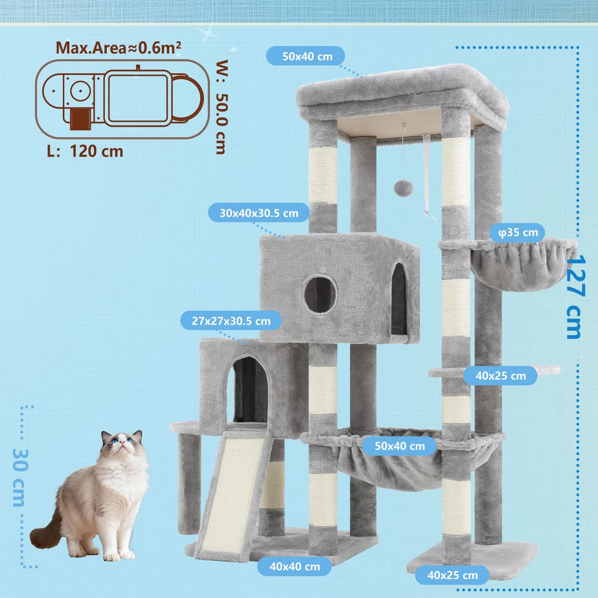 Hey-brother Árbol para Gatos, Rascador para Gatos con una Gran Plataforma, Estructura escalonada, con 2 nidos para Gatos, una Hamaca espaciosa, un rascador de sisal y una Cesta, Gris Claro MPJ071W