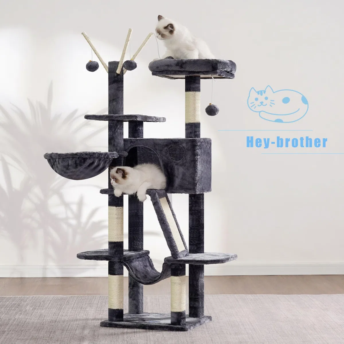 Hey-brother Árbol rascador de 135 cm, para Interior, con Plataforma Acolchada, Pelota de Juguete, Cuevas, Hamaca y sisal, Color Gris Ahumado MPJ019-SG