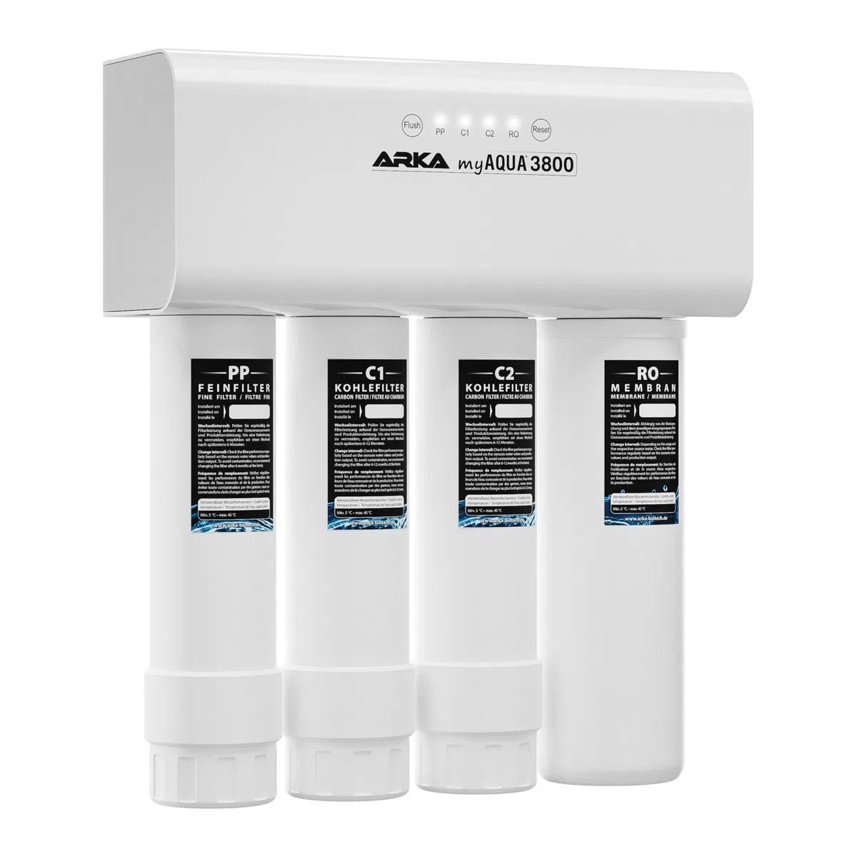 Sistema de ósmosis inversa 3800 l/día – ARKA myAQUA 3800 – elimina 99 % impurezas, sales y bacterias – filtro de agua para hogar & acuario – set completo con indicador LED inteligente