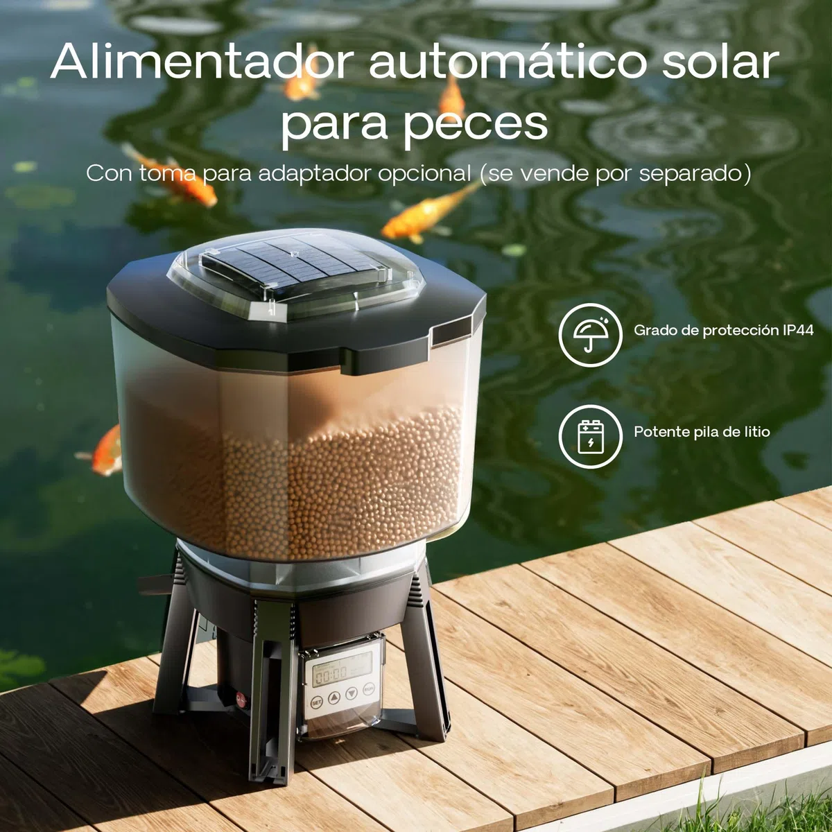 SunSun Alimentador automático de Peces de estanques Alimentado por energía Solar CFF-212 comedero programable con depósito de 12 litros para 1 a 6 alimentaciones al día Estanque jardín