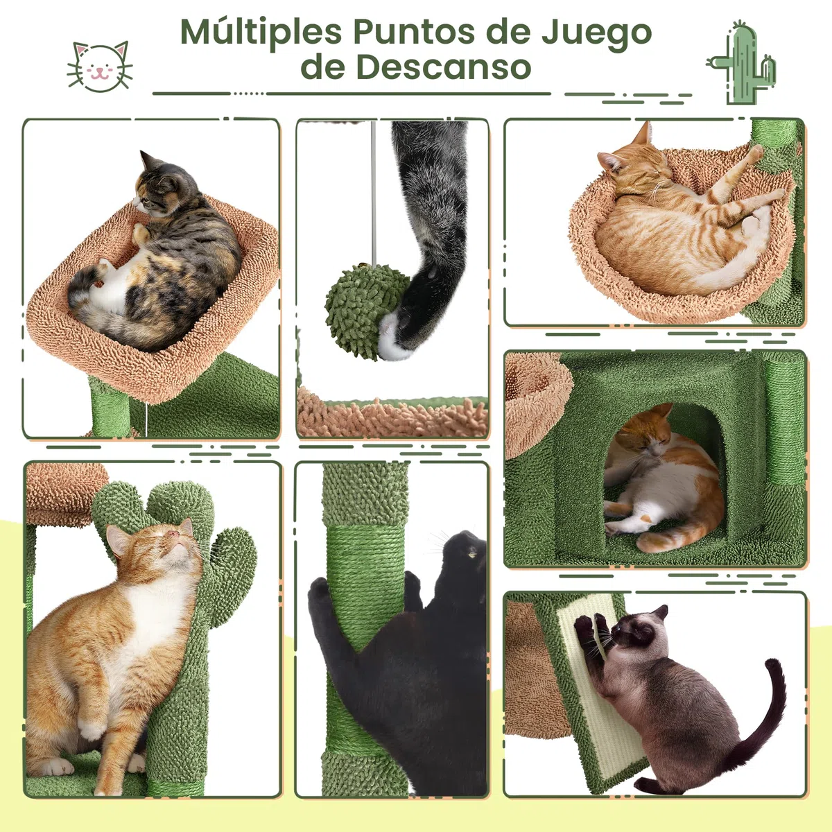Yaheetech Árbol Rascador para Gatos Verde Cactus 42,5x42,5x106,5cm Torre para Gato Árbol para Mascota Estable de Varios Niveles con Canasta Verde y Marrón