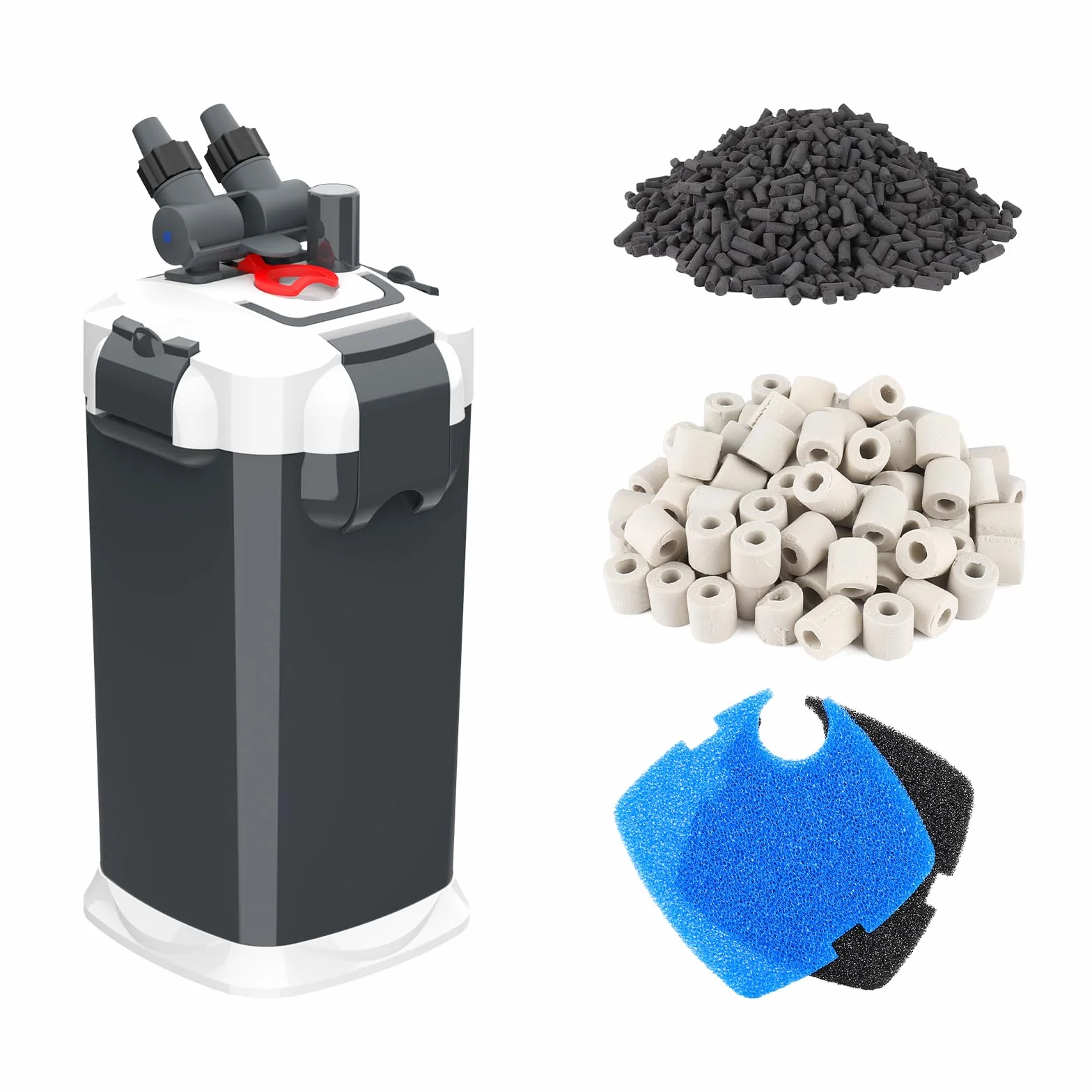 Filtro externo para peceras ultra silencioso, recipiente de filtro externo para acuario con medios de filtro, cartucho de filtro de acuario incluye esponja, biobola, carbón activado, 18 W