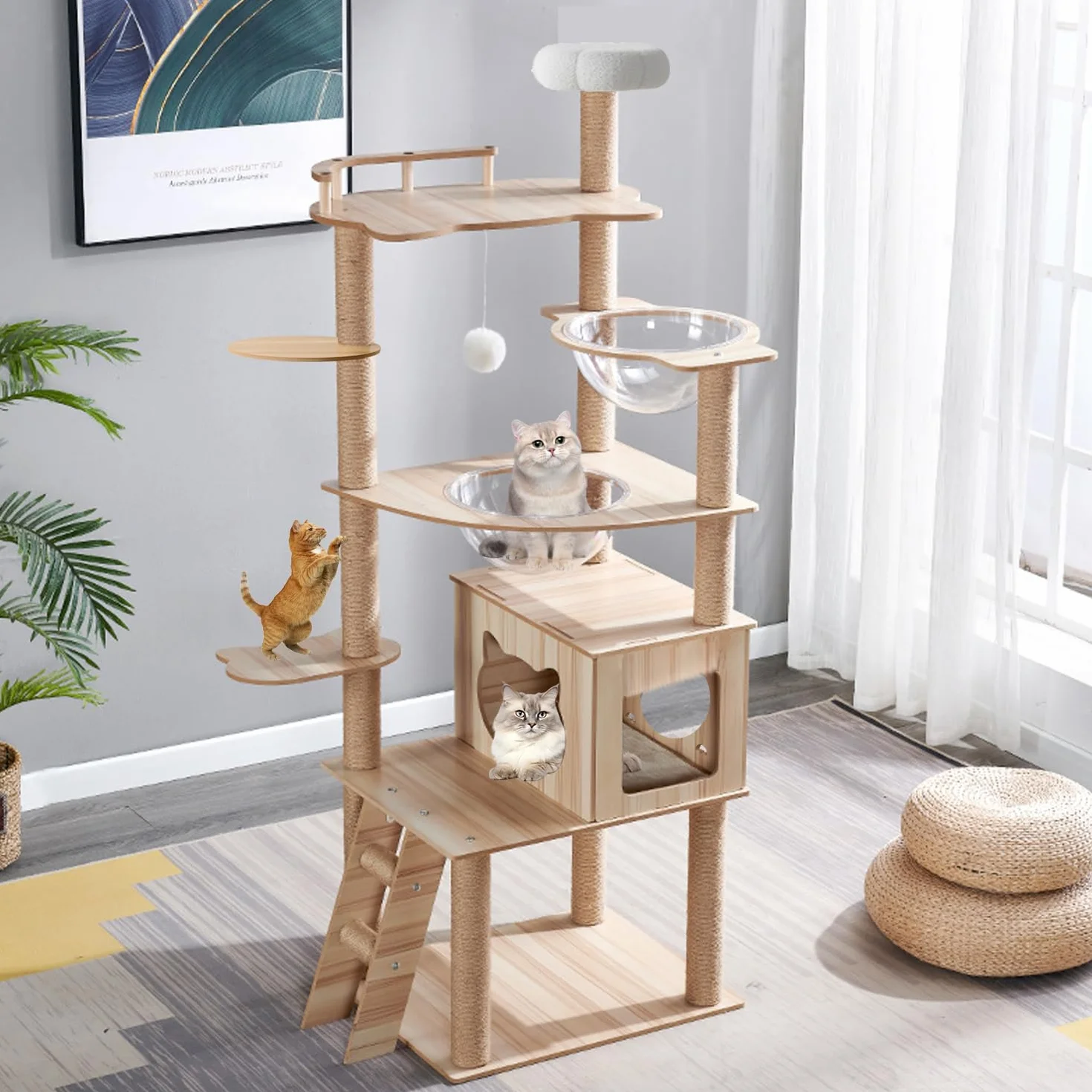 Cat Árbol Rascador para Gatos Grande de 170 cm con 2 Cápsulas Espaciales, 14 Columna Rascadora, Escalera, Cueva, Juguete para Gatos, Plataformas de Felpa - Rascador para Gatos.