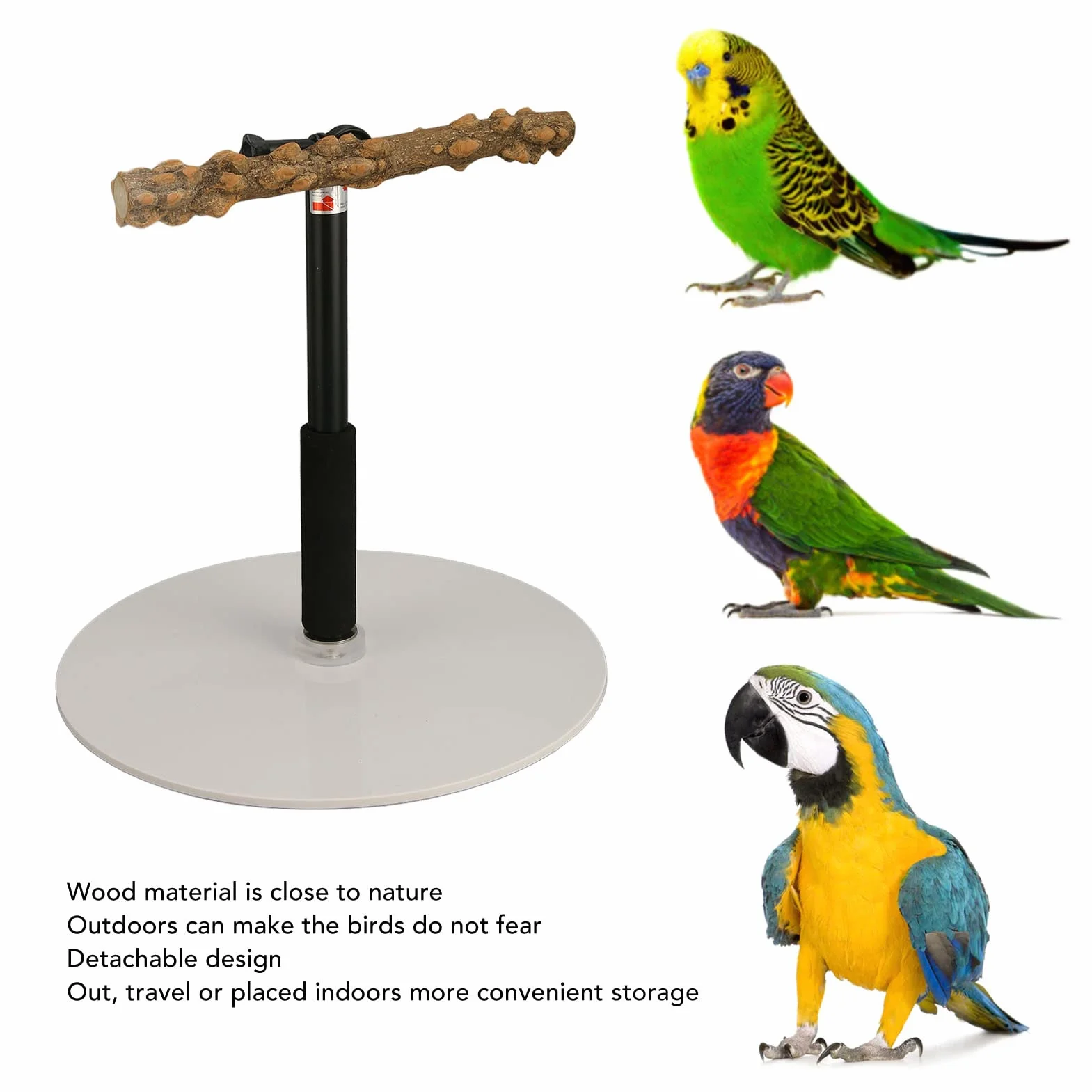 Soporte de Juego para Pájaros, Altura Ajustable Loro Formación Perch Stand, 11.8in-37.0in, Plataforma de Madera Natural para Loros, Soporte de Juego Portátil Y Desmontable para Cacatúas, Agapornis