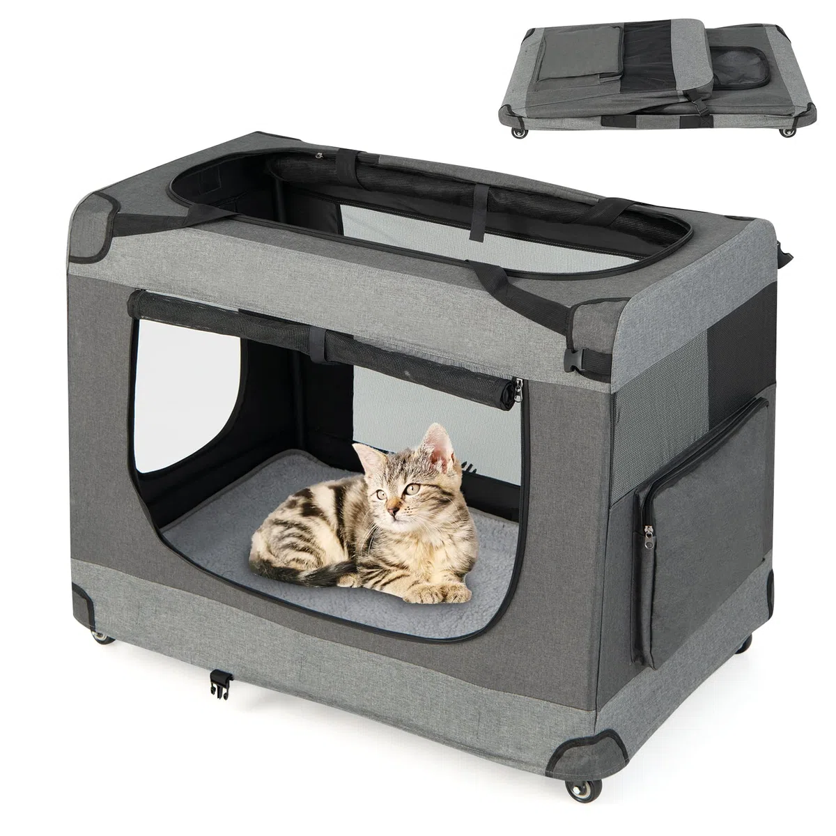 COSTWAY Transportín con Ruedas para Mascotas, Caseta Plegable con Correa para el Hombro, Cojín Extraíble, Bolsa de Almacenamiento, 3 Entradas, Transportador de Mascotas, Gris, 82 x 59 x 67 cm