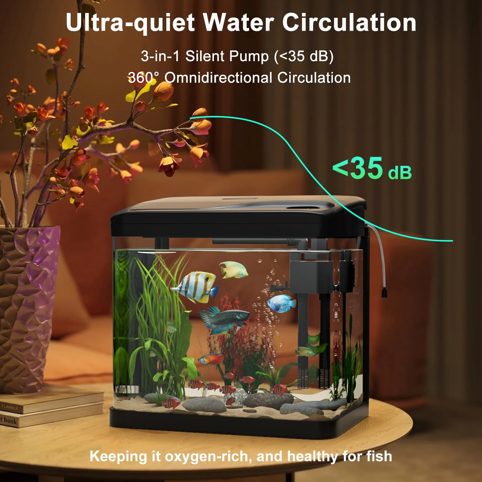 Acuario de Cristal, GuKKK Acuarios y Peceras Completas,Pecera con Sistema de Filtrado Integrado e Iluminación LED,Bajo Ruido y Silencioso,Acuarios de Iniciación, Negro (6L)