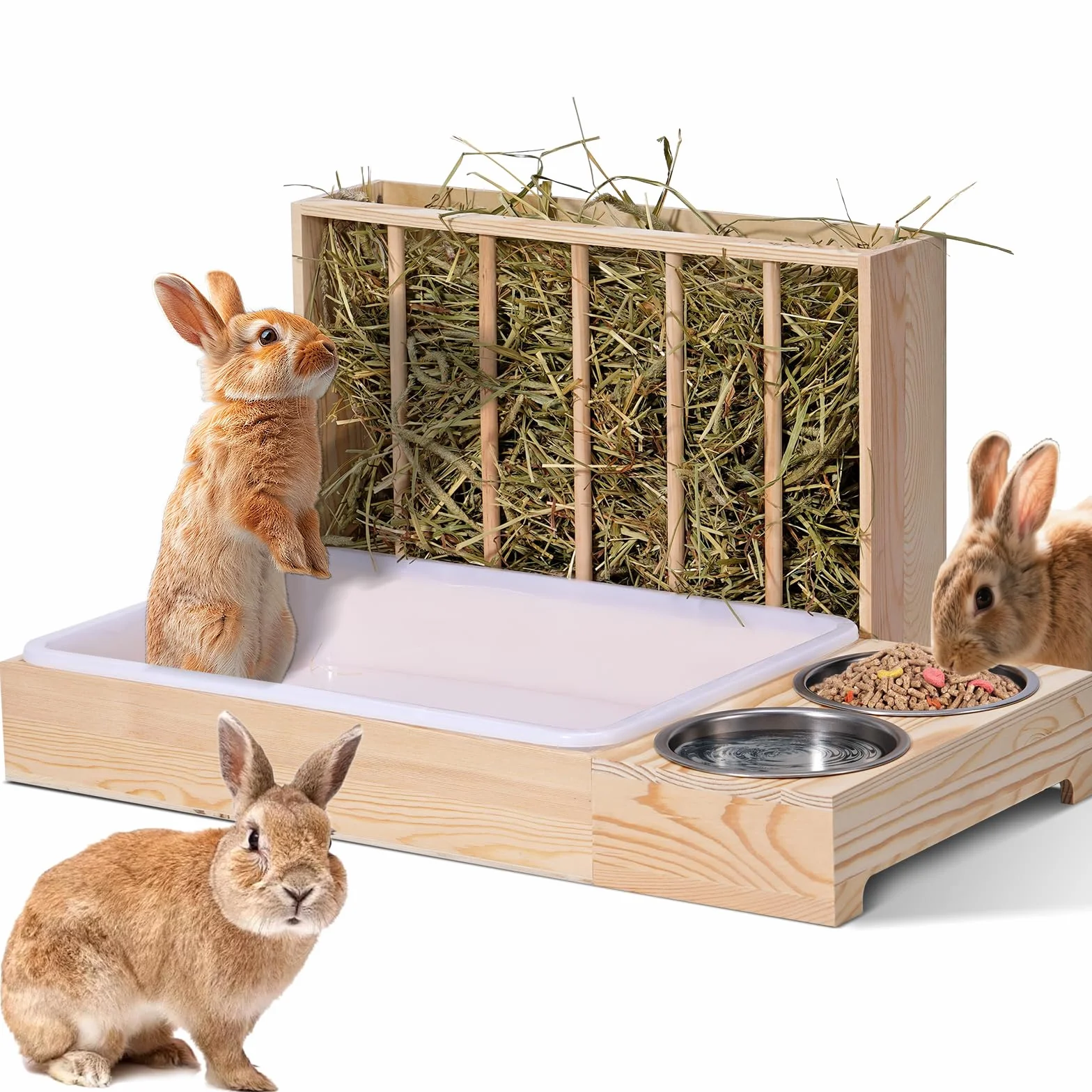 Comedero de heno 3 en 1 para conejos, comedero de madera con dos cuencos, comedero para conejos, cobayas, chinchillas y otros animales pequeños