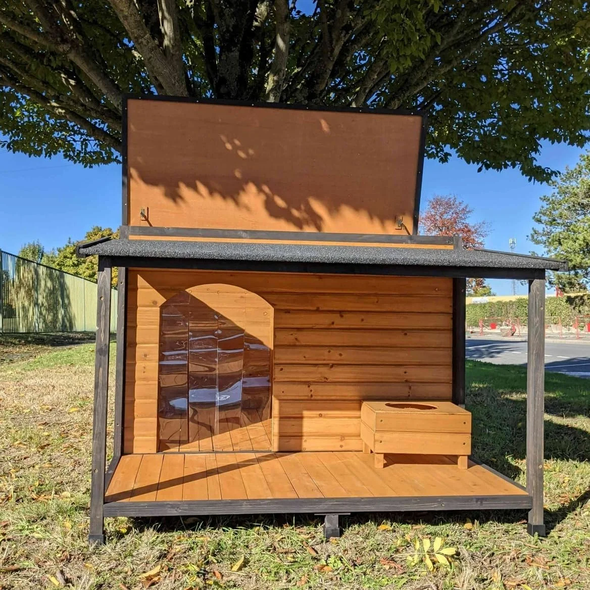 Caseta para perro pastor alemán con techo corredizo Shingle y terraza talla XXL