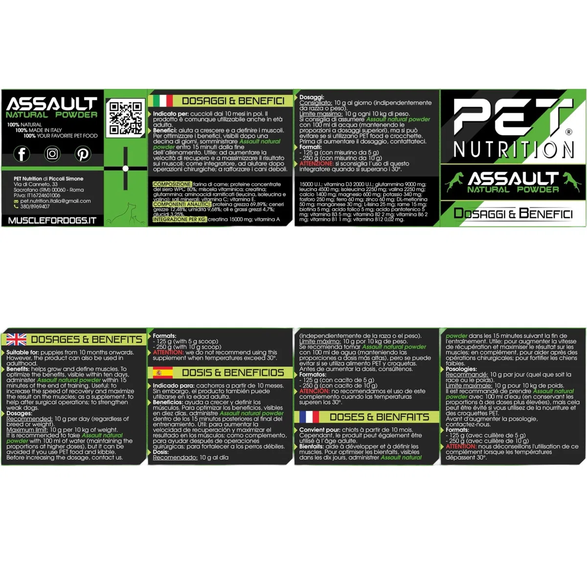 Assault Natural Powder 250 Suplemento muscular para perros, proteína del suero concentrado W.P.C. 80%, aminoácidos, B.C.A.A., Creatina 15.000 mg, crecimiento y definición muscular, polvo