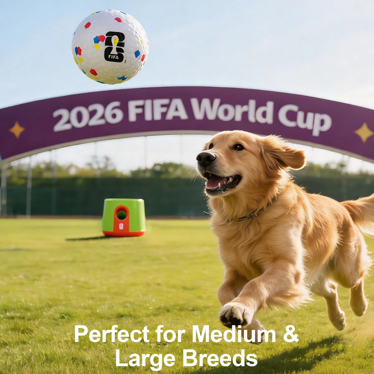 Edición oficial de la Copa Mundial de la FIFA 2026, lanzador automático de pelotas para perros con 3 pelotas de fútbol de goma, máquina lanzadora de pelotas, juguete interactivo para perros para