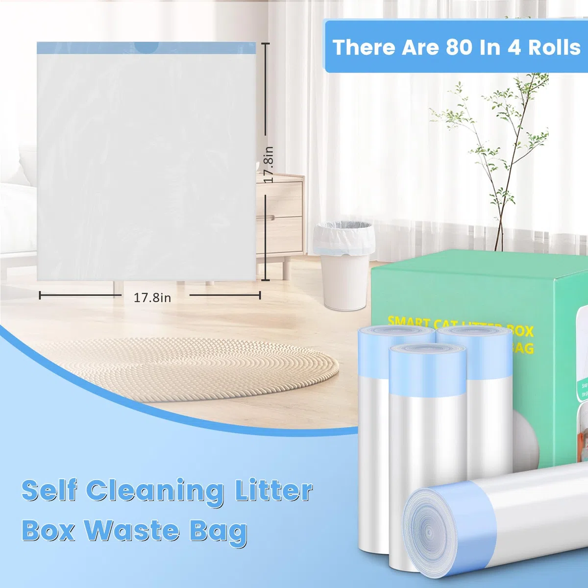 80 bolsas de arena para gatos, forros de caja de arena autolimpiables, 18.2 x 18.2 pulgadas, bolsas de repuesto con cordón para caja de robot automática (80 unidades/4 rollos)