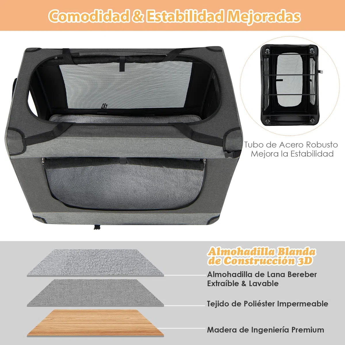COSTWAY Transportín con Ruedas para Mascotas, Caseta Plegable con Correa para el Hombro, Cojín Extraíble, Bolsa de Almacenamiento, 3 Entradas, Transportador de Mascotas, Gris, 82 x 59 x 67 cm