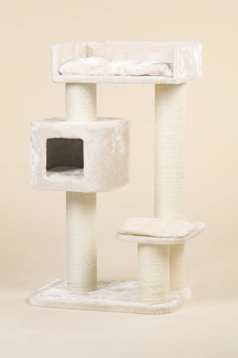 RHRQuality Árbol rascador para Gatos Grandes - Devon Rex - 120 cm de Altura - con Postes de sisal de 15 cm y casita para Jugar - Color Crema