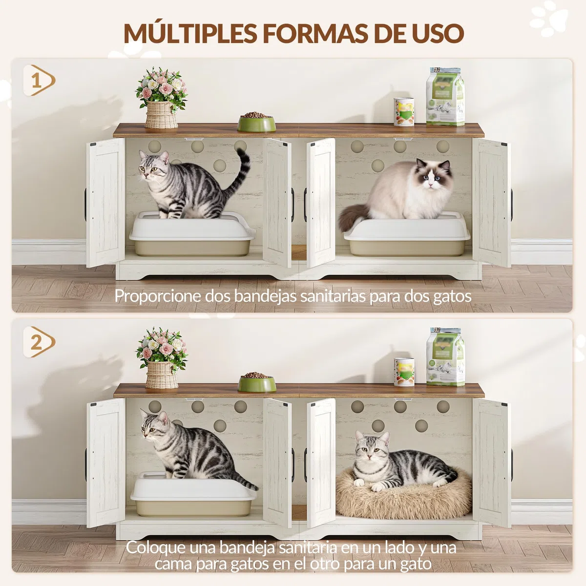 Mueble Arenero Gato para 2 Gatos, 140x50x55 cm, Marrón y Blanco | Mueble para Caja de Arena Oculta, Armario para Gatos con Alfombrilla para Rascar, Caseta Madera para Gato de Interior