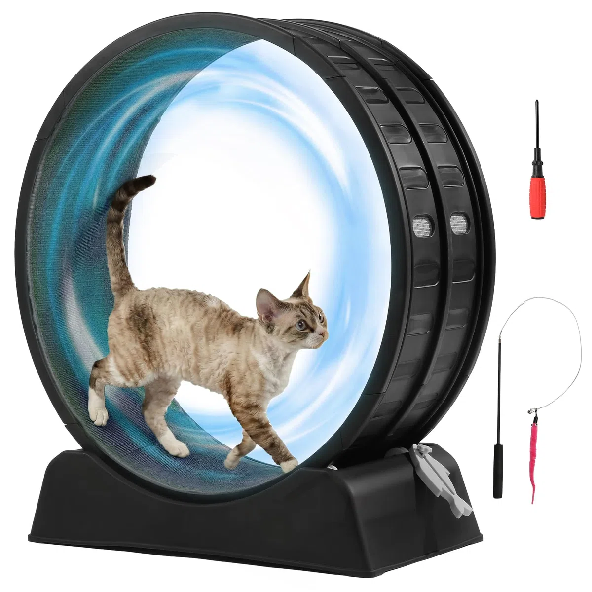 LEADZM Rueda de ejercicio para gato 80 cm - Rueda para gatos de hasta 15 kg - Conector de riel de plástico, resistente a los arañazos, estable y silencioso (Negro)