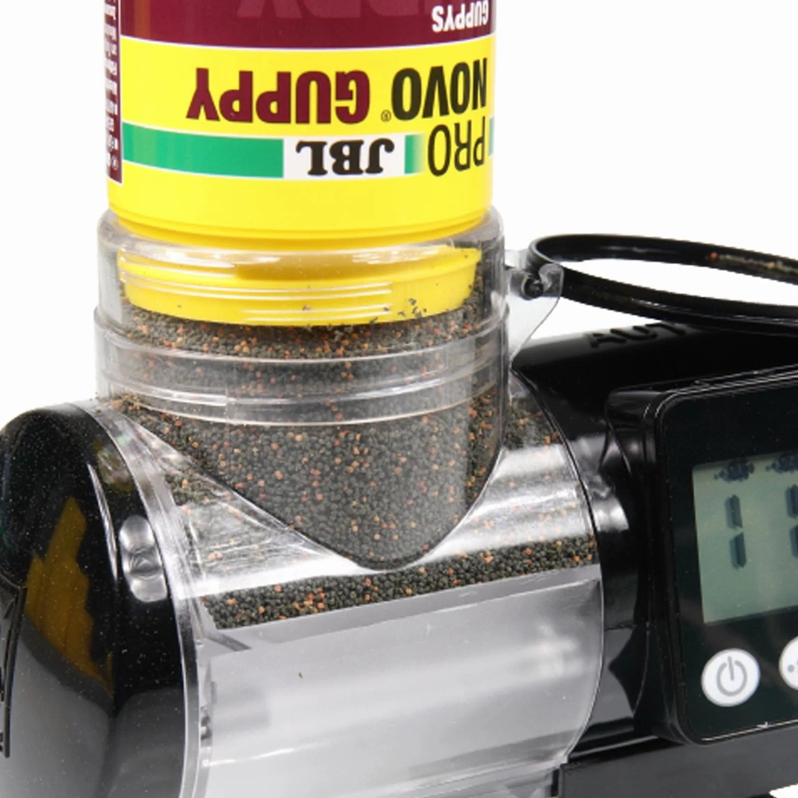 JBL PRONOVO AUTOFOOD - Comedero automático para acuario, alimentación con gránulos de pienso para peces hasta 4 veces al día, incluye soporte y anillo adaptador para ampliar el volumen a 375 ml, color
