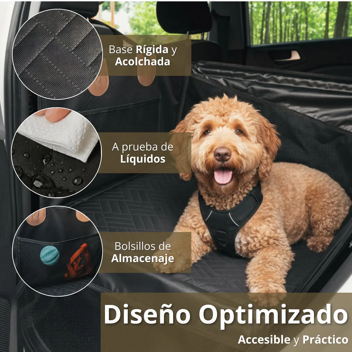 Asiento Coche Perro Mediano – Asiento Impermeable, Base Rigida, Acolchado, Ventilado - Dog Car Seat - No Deja Pelos – Seguro y Resistente - Viajes y Escapadas – Silla Perro Coche Robusto hasta 25 Kg