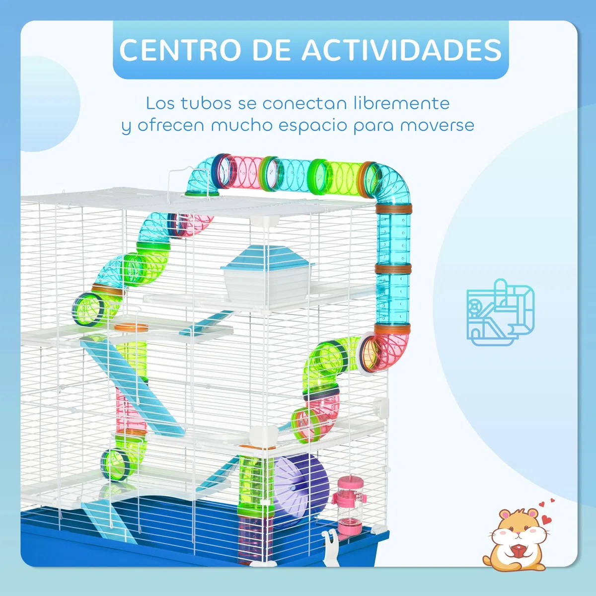 PawHut Jaula para Hámster 59x36x69 cm Casa para Animales Pequeños con Túnel Plataformas Cuenco Bebedero Casita Rampas y Rueda de Ejercicio Azul