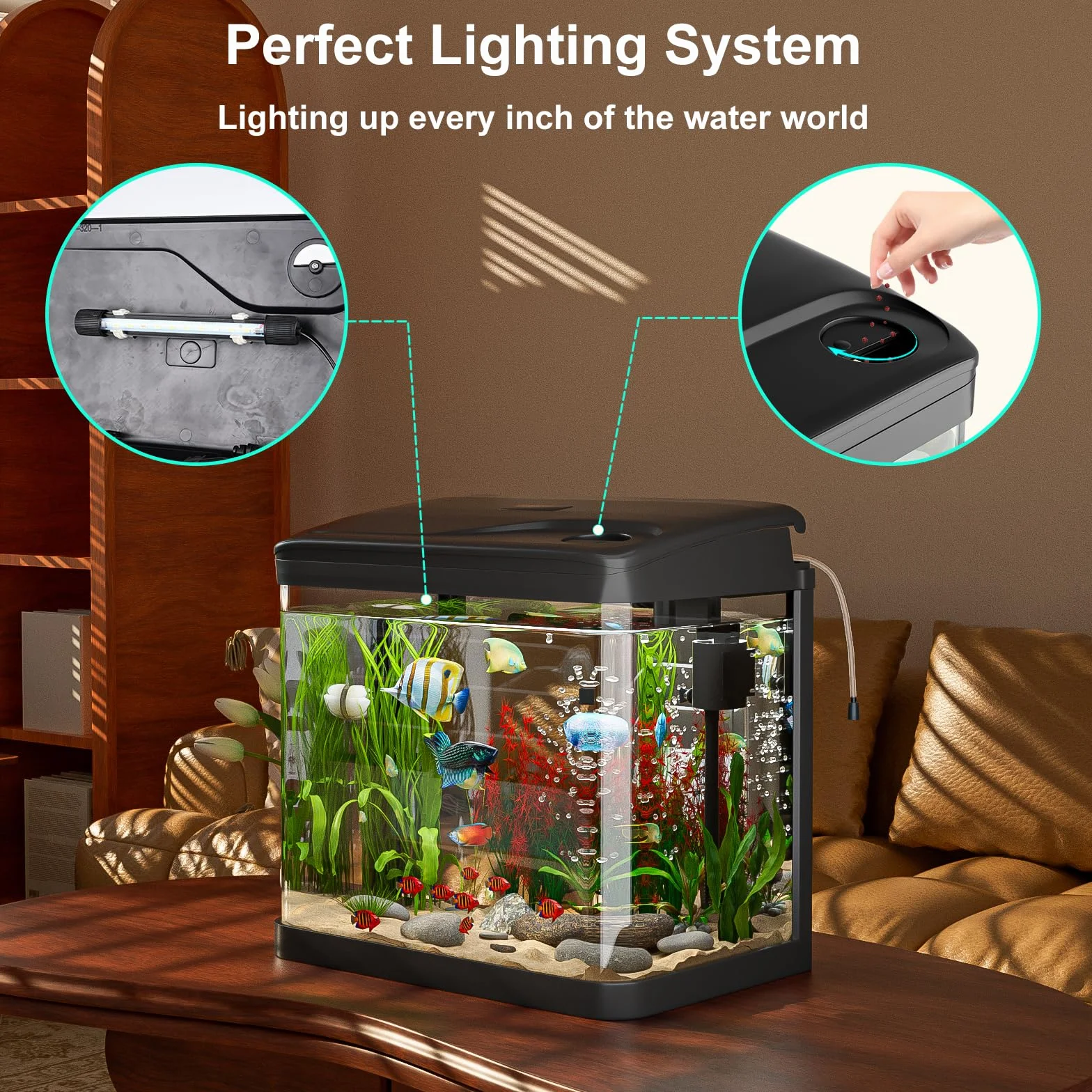 Acuario de Cristal, GuKKK Acuarios y Peceras Completas,Pecera con Sistema de Filtrado Integrado e Iluminación LED,Bajo Ruido y Silencioso,Acuarios de Iniciación, Negro (6L)