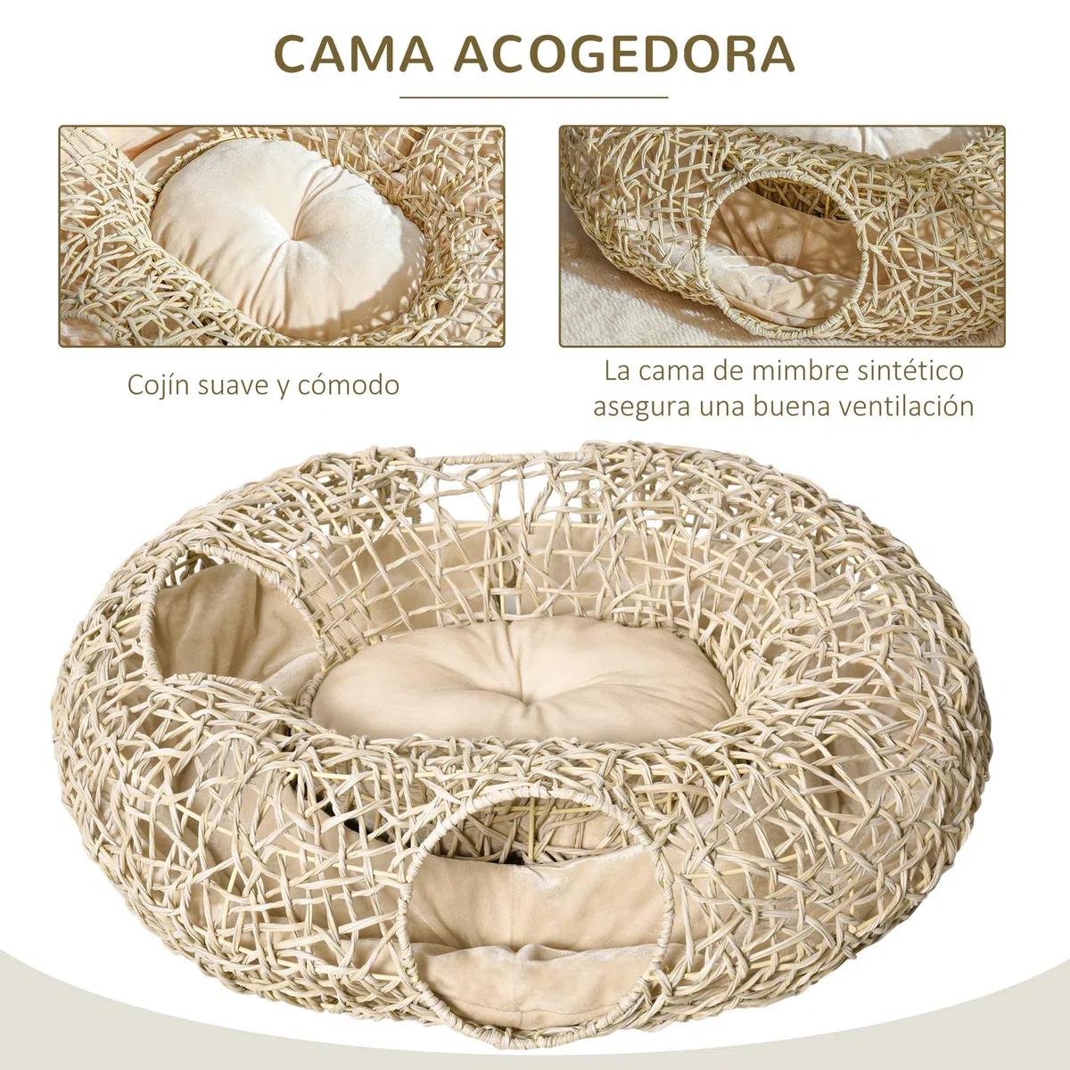PawHut Cama de Ratán para Gatos 78x69x22 cm con Cojín Suave, 3 Orificios de Acceso y Túnel de Madera Natural