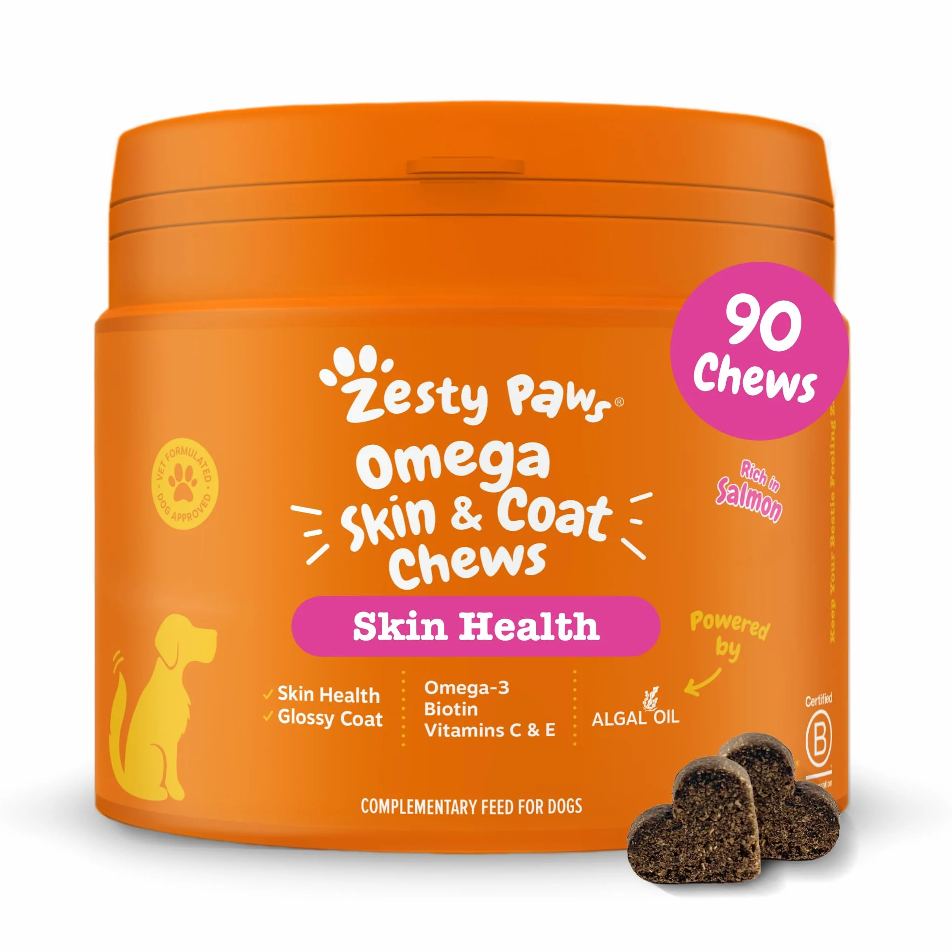 Zesty Paws Cuidado de la Piel y Pelaje de salmón con Aceite de Pescado para Perros | Apoya el Pelaje Saludable | Masticables con vitaminas y Suplementos para Perros - 90 Piezas