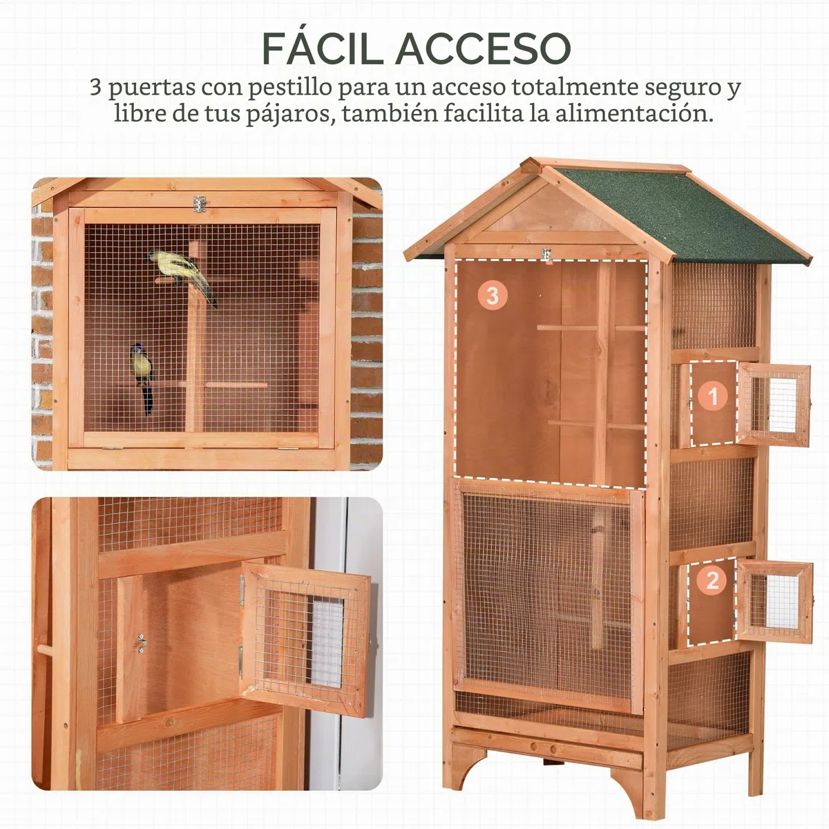 PawHut Jaula para Pájaros de Madera con 3 Puertas 80,5x57x153 cm Natural | 4 Perchas, Bandeja Extraíble, Techo Asfáltico