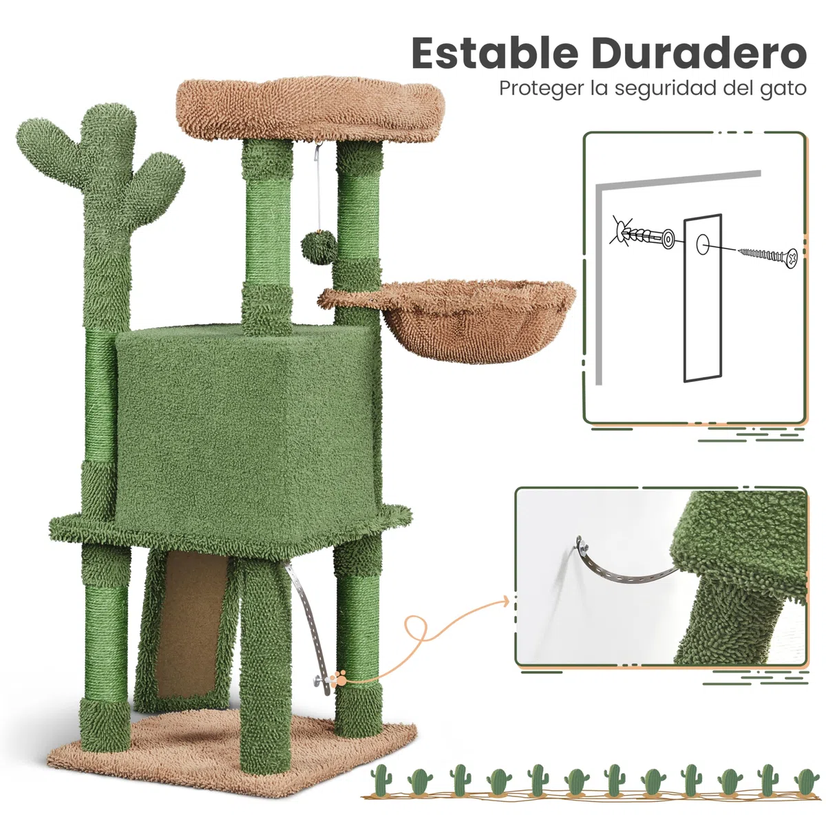 Yaheetech Árbol Rascador para Gatos Verde Cactus 42,5x42,5x106,5cm Torre para Gato Árbol para Mascota Estable de Varios Niveles con Canasta Verde y Marrón
