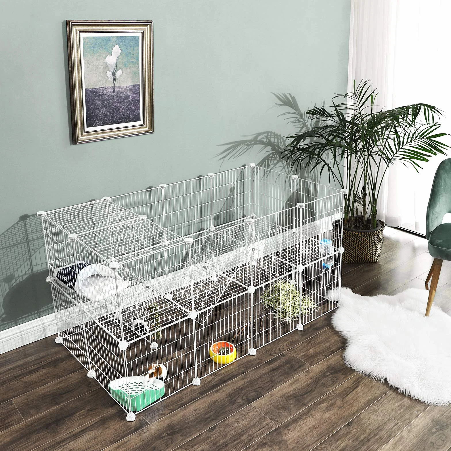 SONGMICS Valla para Mascotas 2 Niveles, Recinto modulable, para Animales pequeños, hámsters, Conejos, Cerdo Pavo, Paneles de Malla para Uso Interior, 143 x 73 x 71 cm, Blanco LPI02W