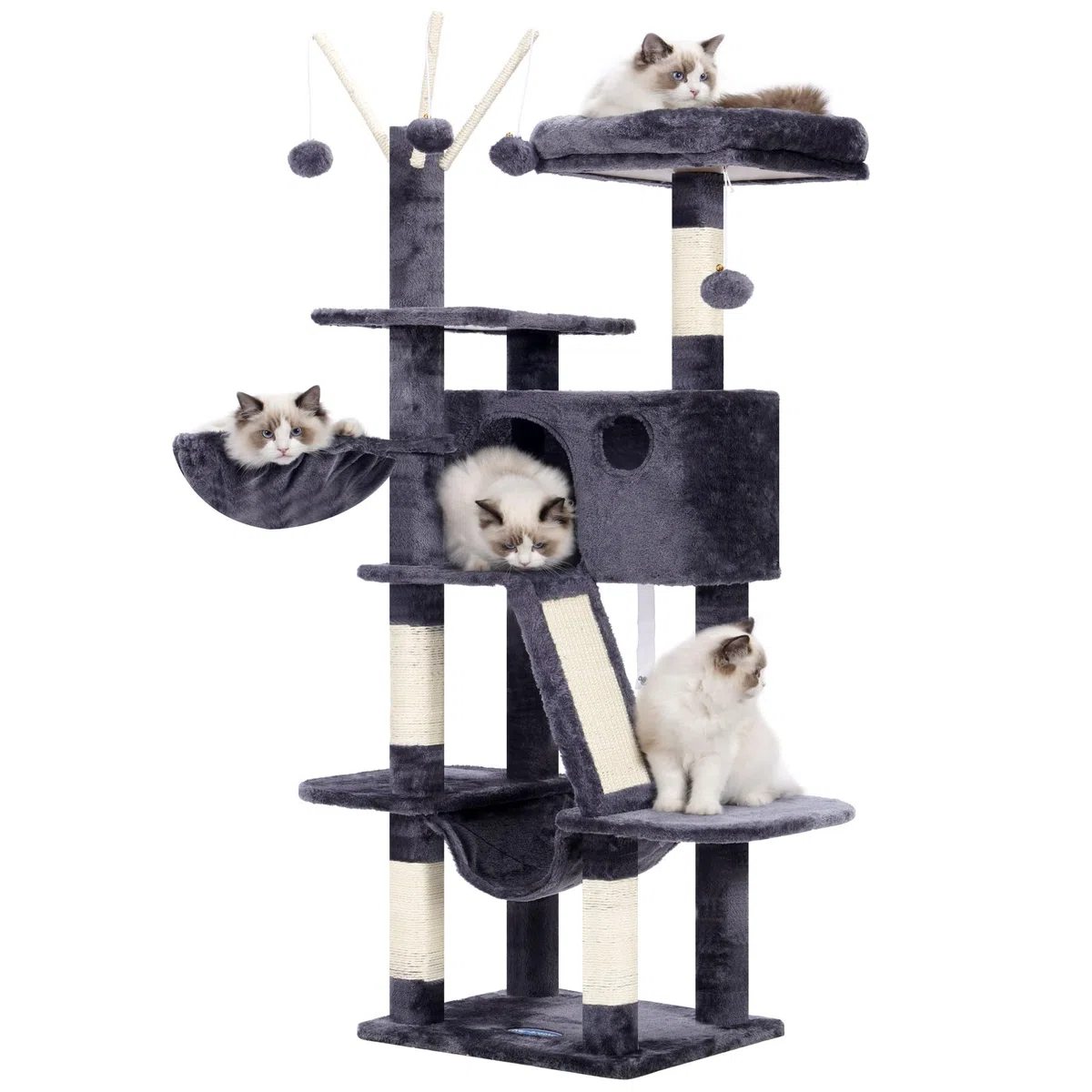 Hey-brother Árbol rascador de 135 cm, para Interior, con Plataforma Acolchada, Pelota de Juguete, Cuevas, Hamaca y sisal, Color Gris Ahumado MPJ019-SG