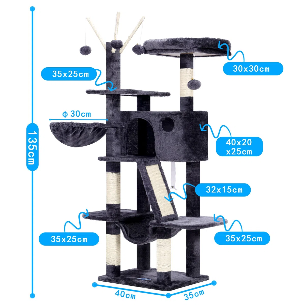 Hey-brother Árbol rascador de 135 cm, para Interior, con Plataforma Acolchada, Pelota de Juguete, Cuevas, Hamaca y sisal, Color Gris Ahumado MPJ019-SG