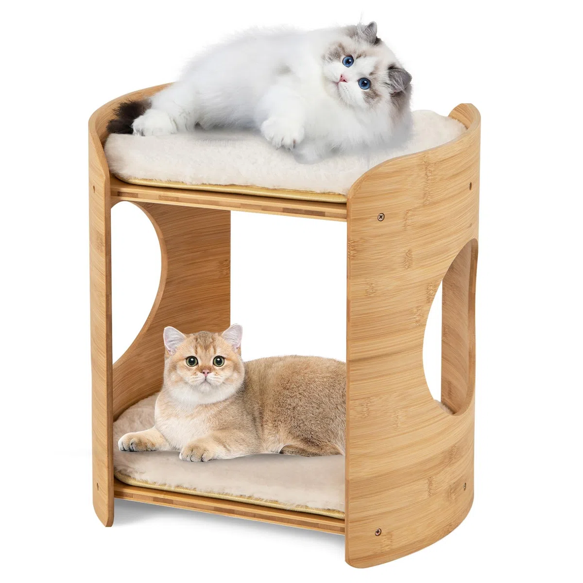 GOPLUS Torre para Gatos de 2 Niveles, Interior, Bambú con Camas Dobles, Cojines Lavables, Acceso para Gatos y Gatitos Pequeños