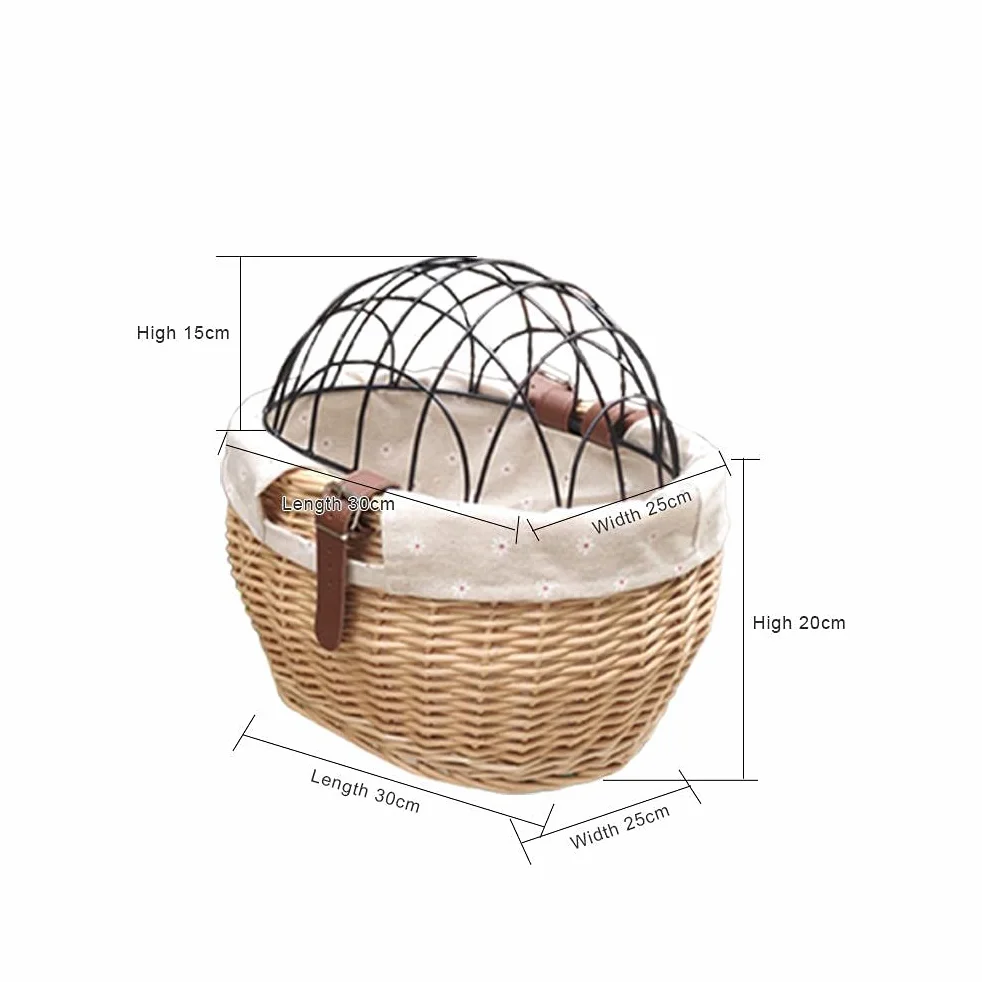 Cesta delantera de mimbre para bicicleta, cesta para manillar de bicicleta,marco de hierro, cesta de almacenamiento tejida a mano, adecuada para perros, gatos, animales pequeños