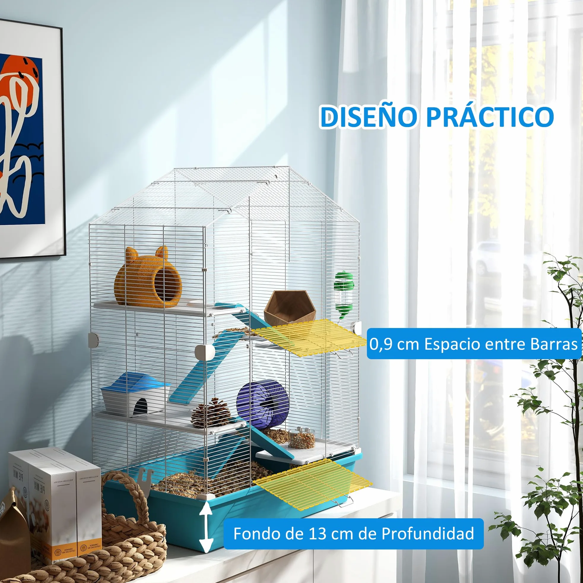 PawHut Jaula para Hámster de 5 Niveles Casa para Animales Pequeños con Plataformas Cuenco Bebedero Casita Rampas y Rueda de Ejercicio 58x36x81 cm Azul Claro