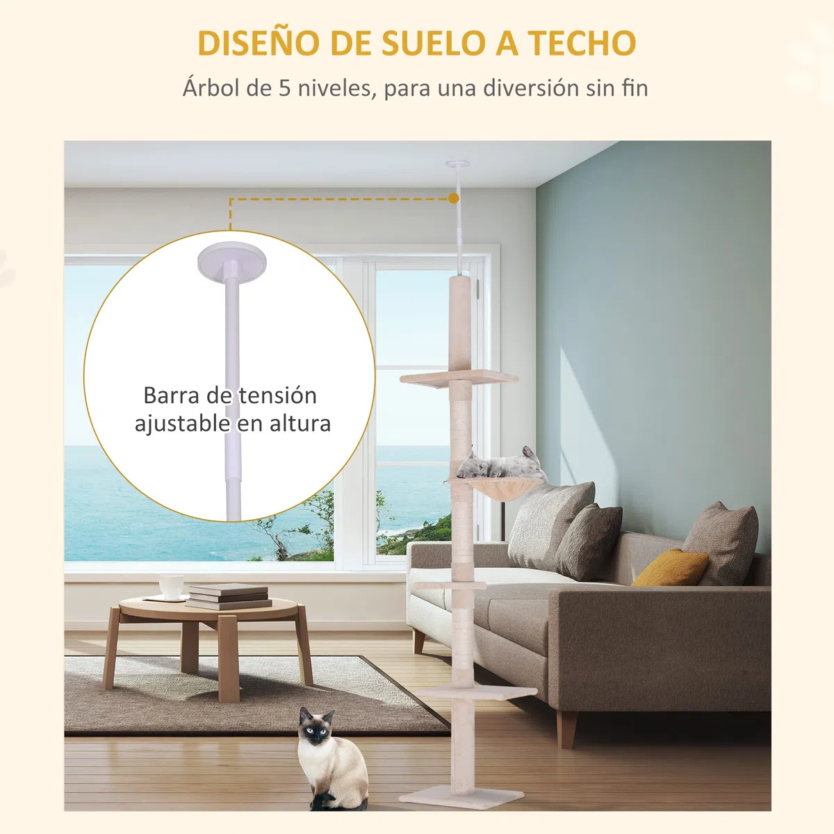 PawHut Árbol para gatos Torre Rascador de Gato de 5 Niveles Fijado al Techo Ajustable en Altura con Múltiples Plataformas Cubierta de Felpa Suave 40x34x230-260 cm Beige